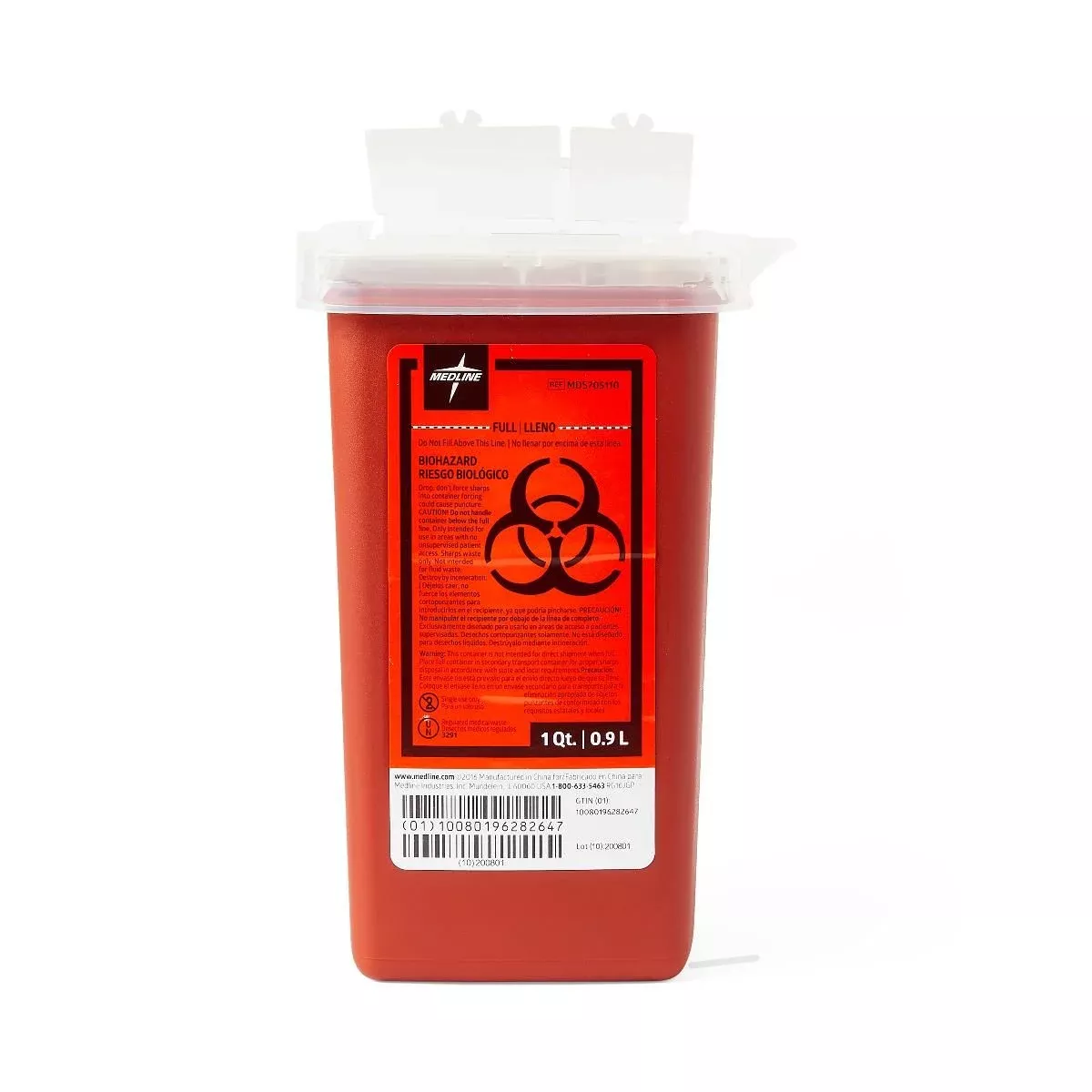 1 Quart Medline Phlebotomy Sharps Container, Dual Opening Lid, Red - MDS705110
