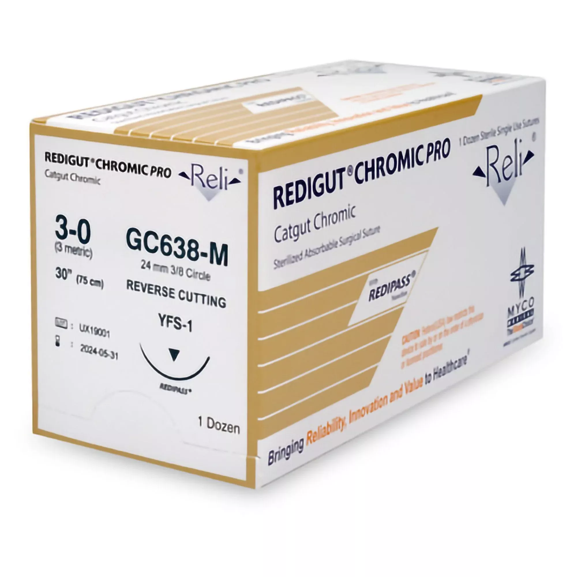 Absorbable Suture with Needle Rel Chromic Gut MFFS-1 3/8 Circle Reverse Cutting Needle Size 3 - 0