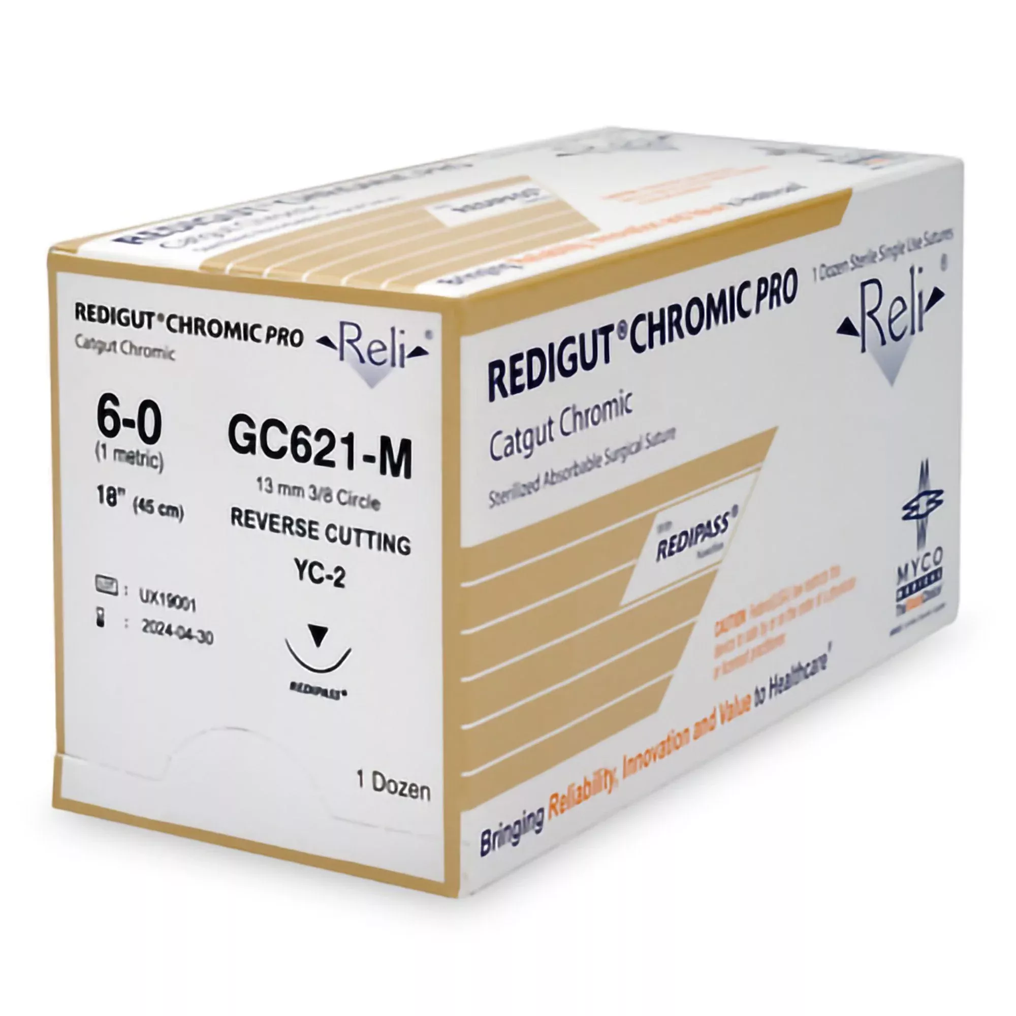 Absorbable Suture with Needle Reli Chromic Gut C-3 3/8 Circle Precision Reverse Cutting Needle Size 4 - 0