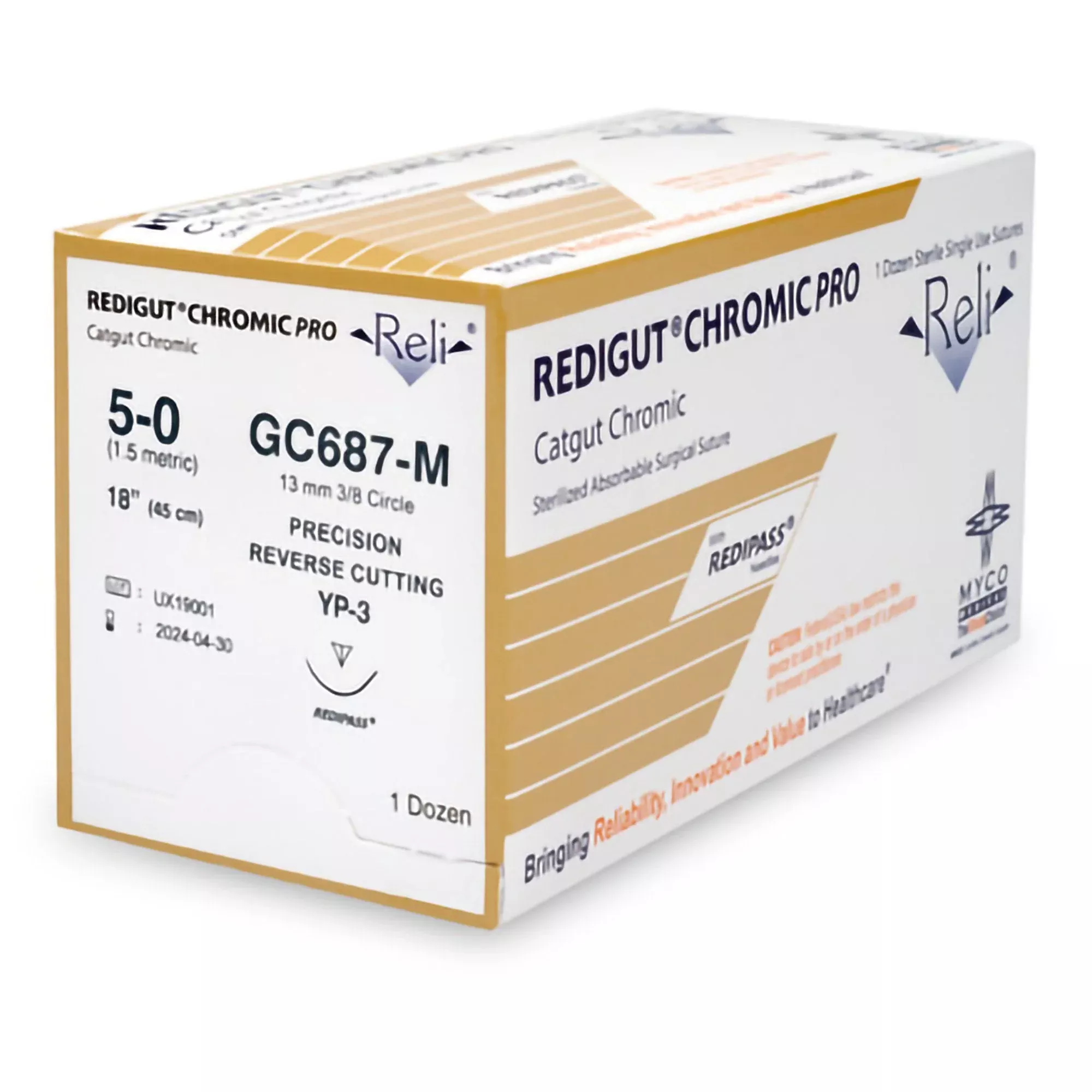 Absorbable Suture with Needle Reli Chromic Gut MP-3 3/8 Circle Precision Reverse Cutting Needle Size 5 - 0