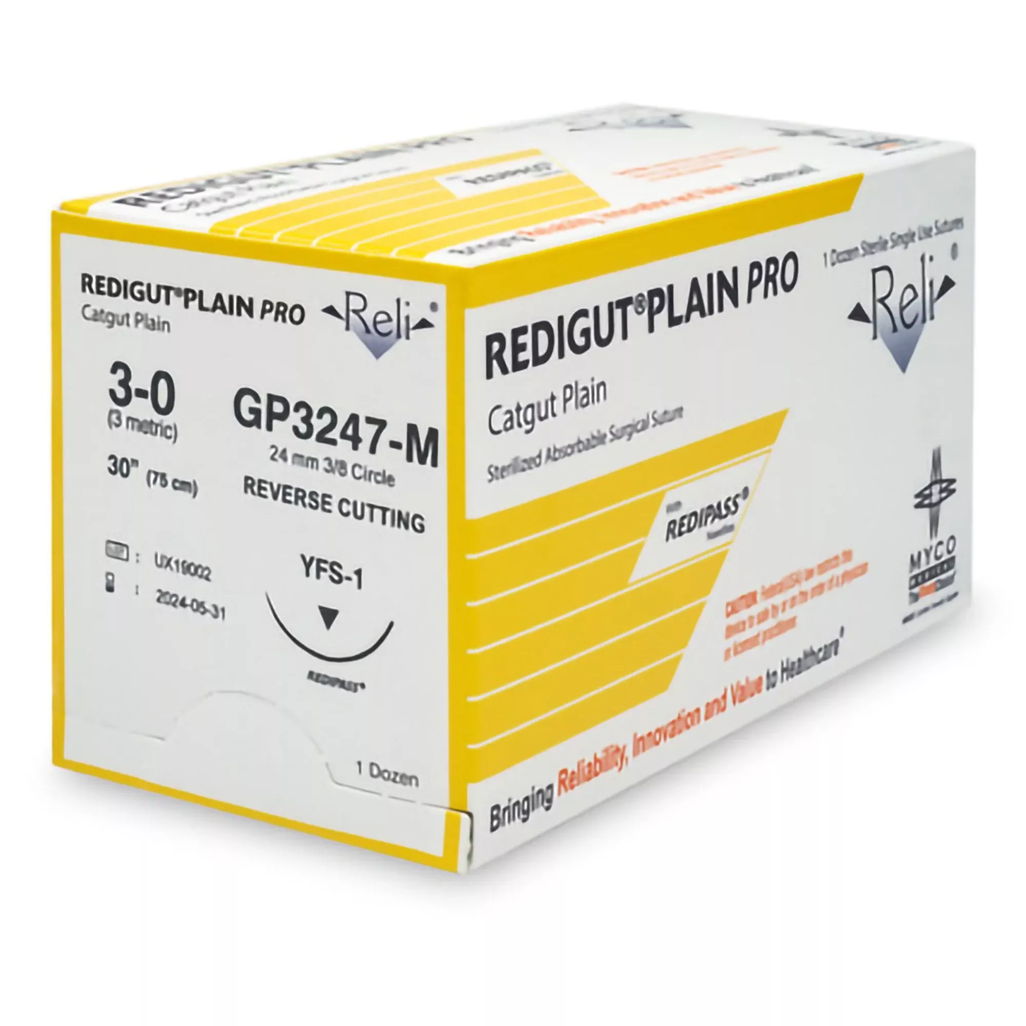 Absorbable Suture with Needle Reli Plain Gut MFS-1 3/8 Circle Reverse Cutting Needle Size 3 - 0