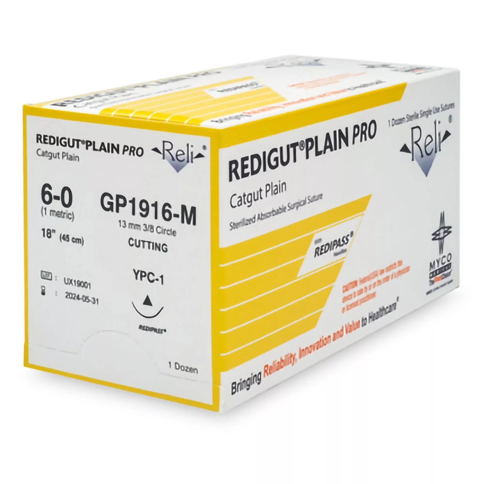Absorbable Suture with Needle Reli Plain Gut YPC-1 3/8 Circle Reverse Cutting Needle Size 6 - 0