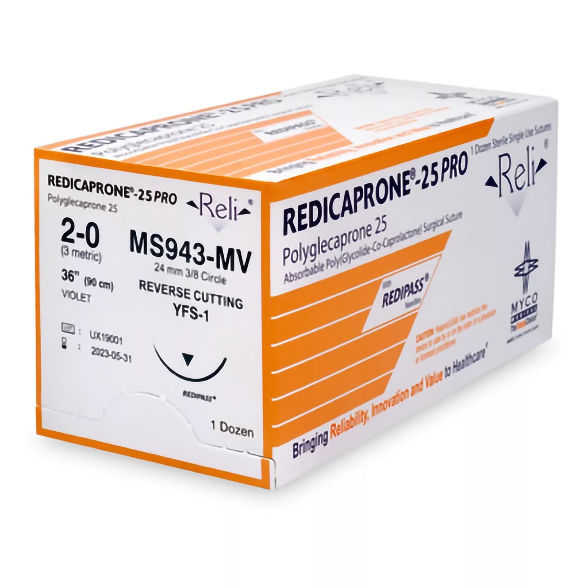 Absorbable Suture with Needle Reli Poliglecaprone MFS-1 3/8 Circle Reverse Cutting Needle Size 2 - 0 Monofilament
