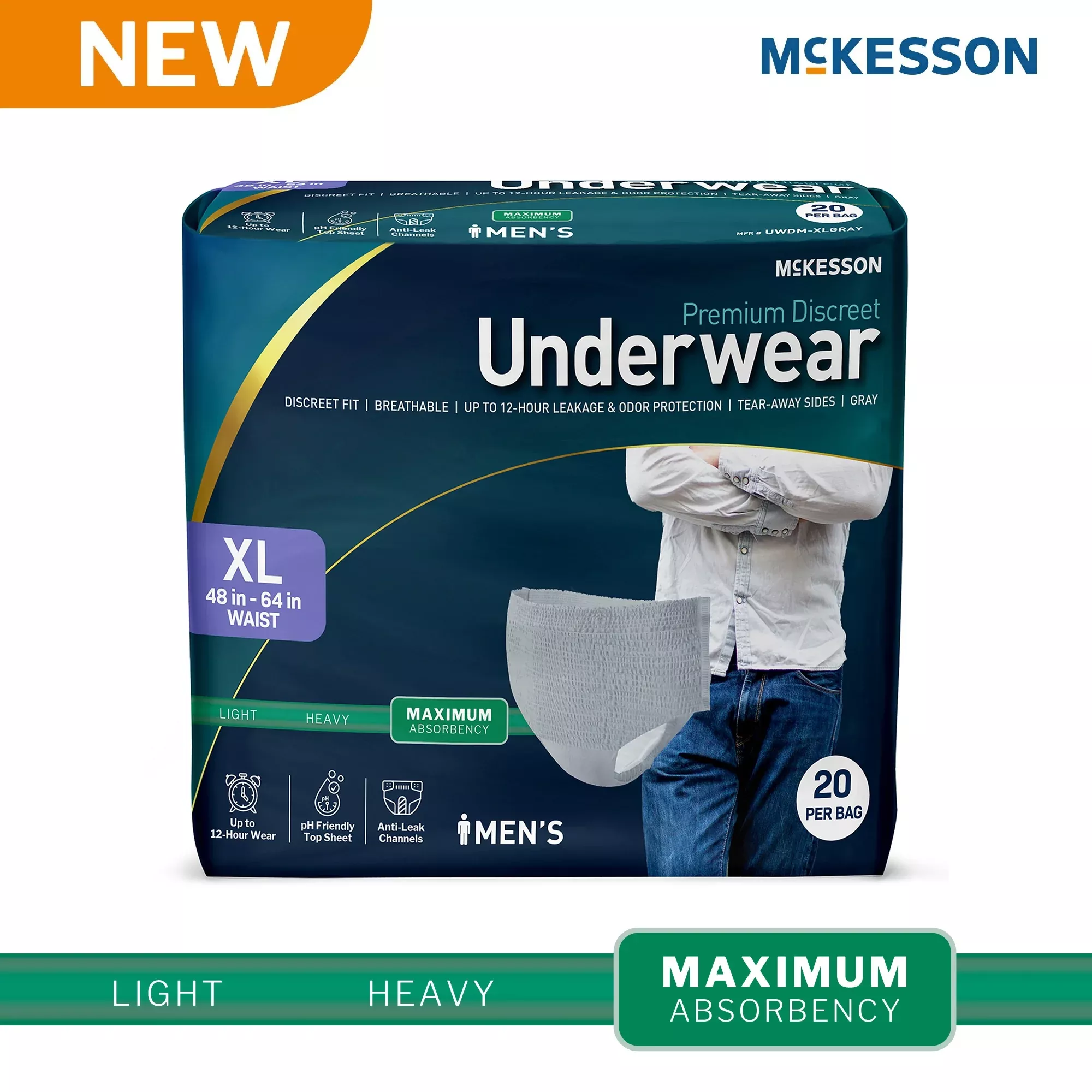 Absorbent Underwear McKesson Premium Discreet Maximum Pull On with Tear Away Seams Adult Large Male Disposable Heavy Absorbency #UWDM-LGGRAY