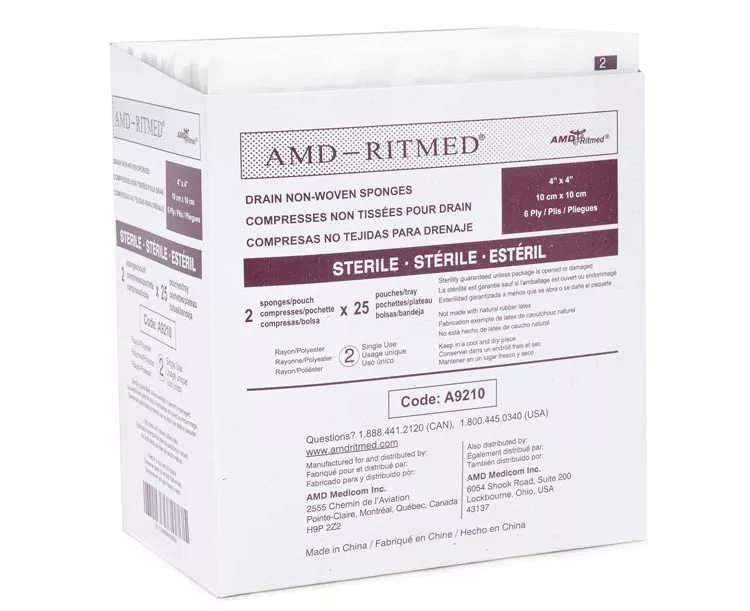 AMD-Medicom Drain Sponge, 4 x 4", 6 ply, Sterile 2's