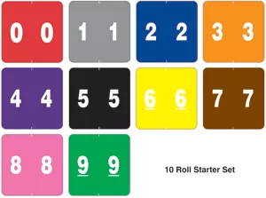 Ames Compatible Color Code Label Numeric 1 7/8" X 1 7/8" 5/8"H Numbers Assorted Colors Permanent - 1000 Per Roll, 10 Rolls Per Set