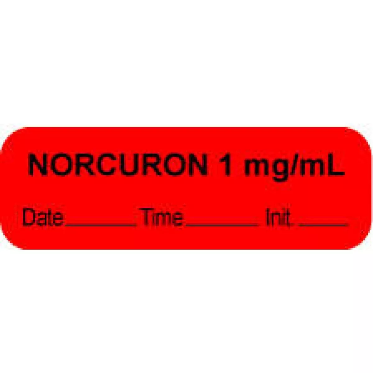 Anesthesia Label With Date, Time & Initial (Paper, Permanent) "Norcuron 1 Mg/Ml" 1 1/2" X 1/2" Fluorescent Red - 1000 Per Roll