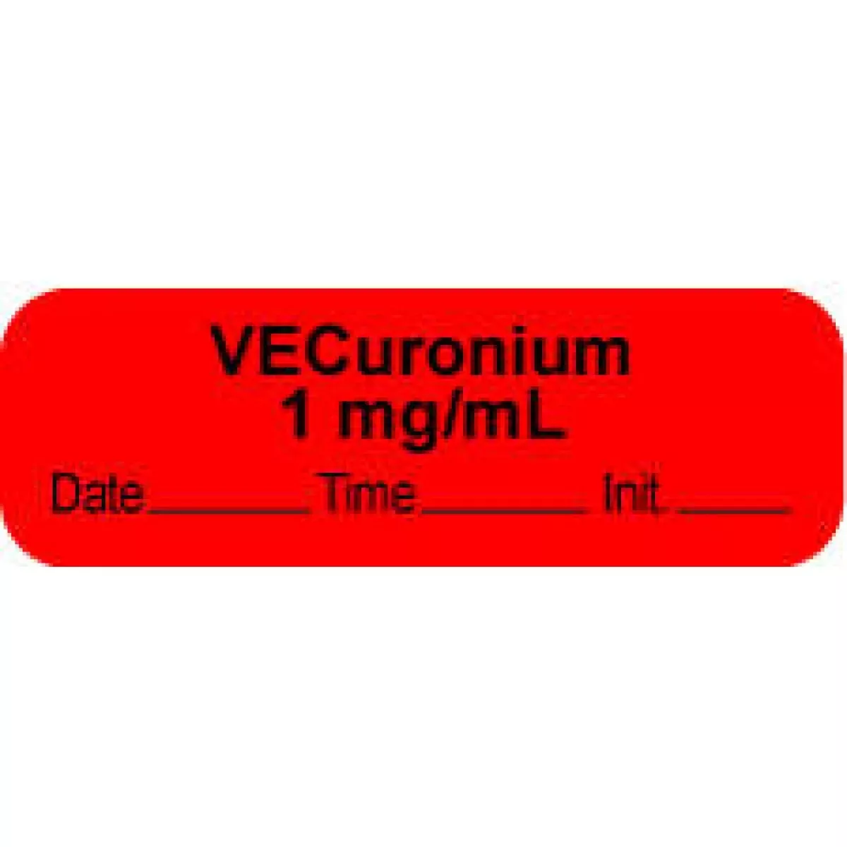 Anesthesia Label With Date, Time & Initial | Tall-Man Lettering (Paper, Permanent) Vecuronium Mg/Ml 1 1/2" X 1/2" Fluorescent Red - 1000 Per Roll