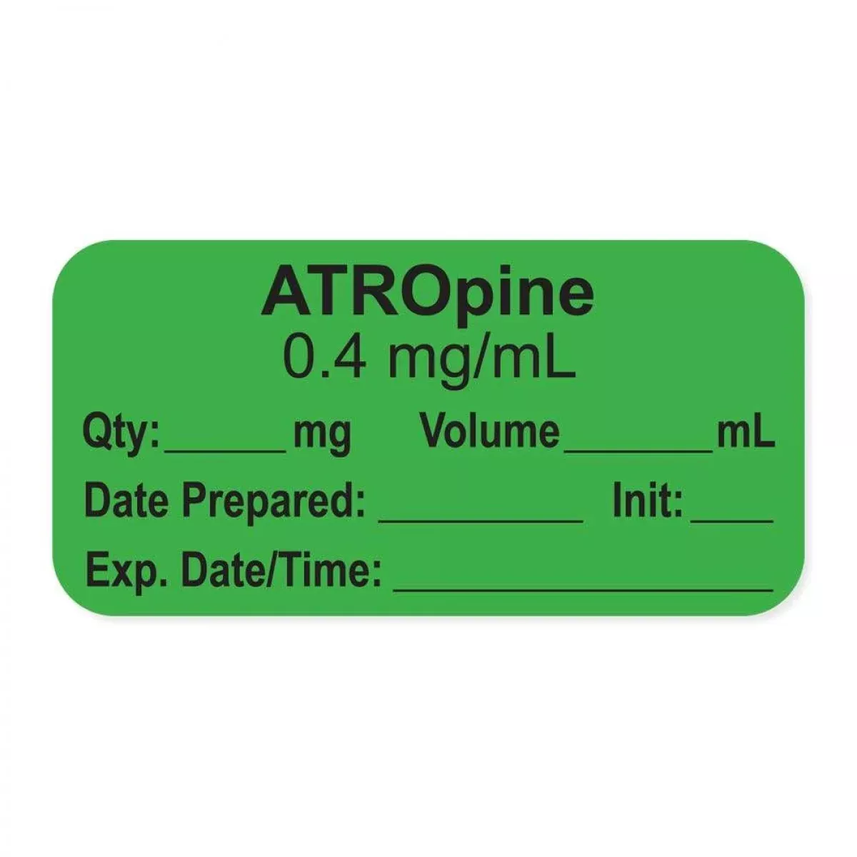 Anesthesia Label, With Expiration Date, Time & Initial (Paper, Permanent) "Atropine 0.4 Mg/Ml" 1-1/2" X 3/4", Green, - 500 Per Roll