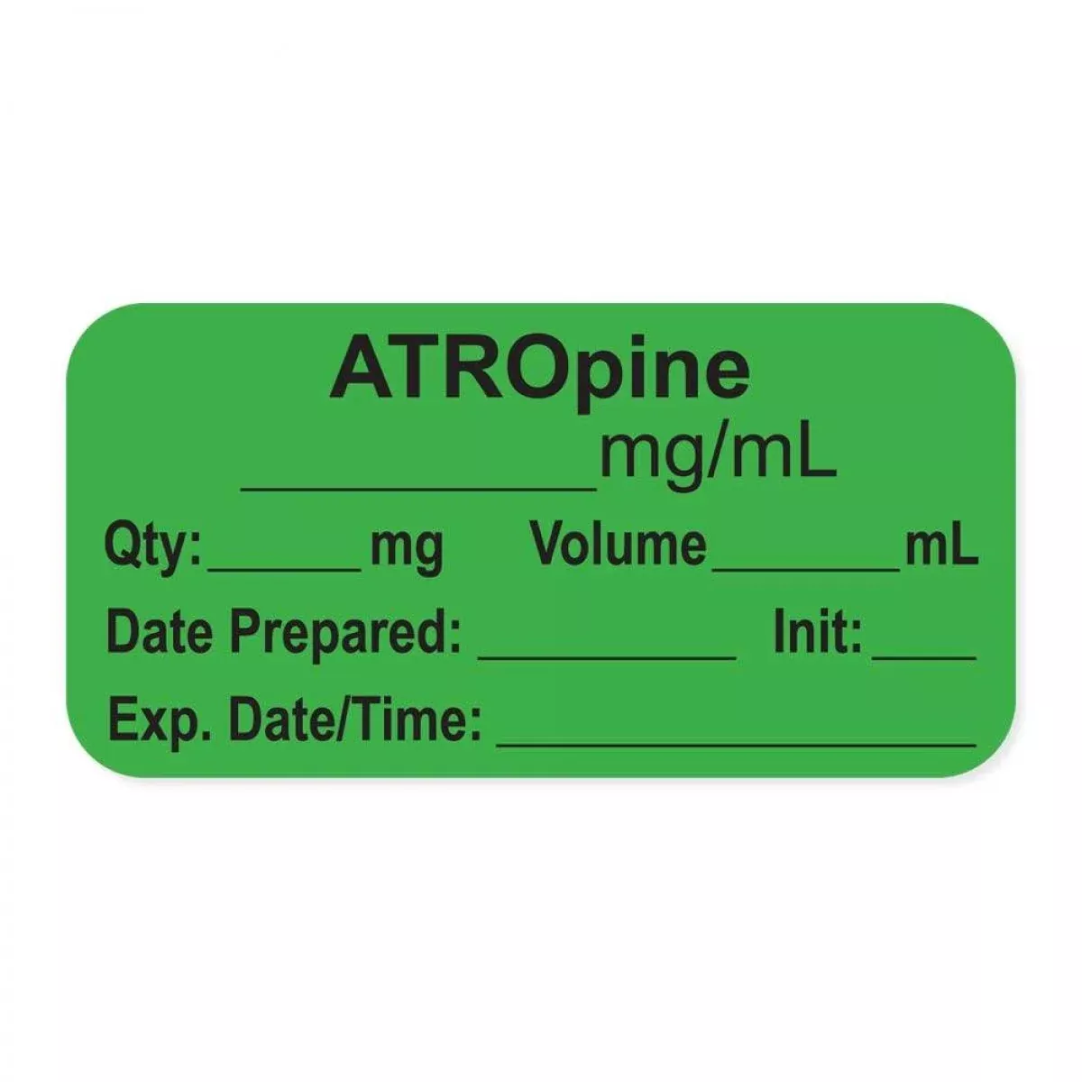 Anesthesia Label, With Expiration Date, Time & Initial (Paper, Permanent) "Atropine Mg/Ml" 1-1/2" X 3/4", Green, - 500 Per Roll