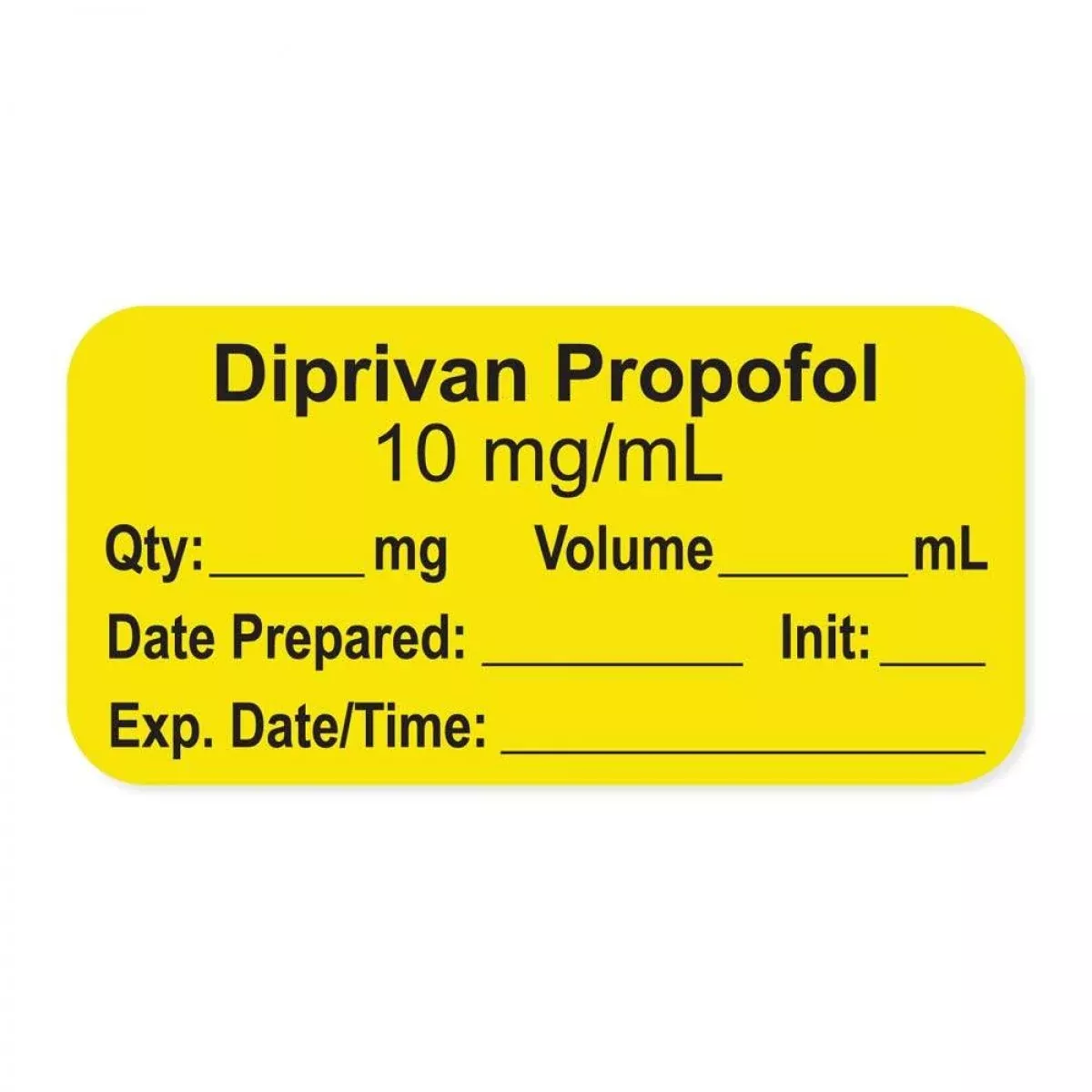 Anesthesia Label, With Expiration Date, Time & Initial (Paper, Permanent) "Diprivan Propofol 10 Mg/Ml" 1-1/2" X 3/4", Yellow - 500 Per Roll