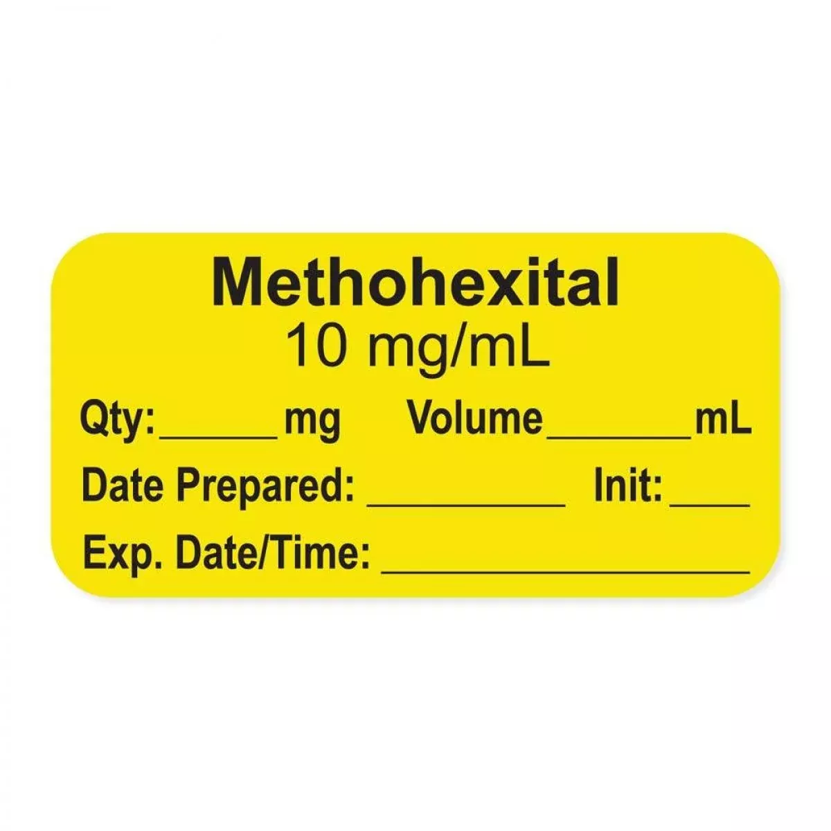 Anesthesia Label, With Expiration Date, Time & Initial (Paper, Permanent) "Methohexital 10 Mg/Ml" 1-1/2" X 3/4", Yellow - 500 Per Roll