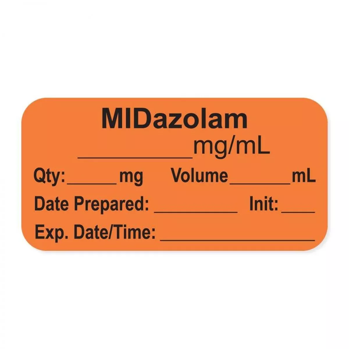 Anesthesia Label, With Expiration Date, Time & Initial (Paper, Permanent) "Midazolam Mg/Ml" 1-1/2" X 3/4", Orange, - 500 Per Roll