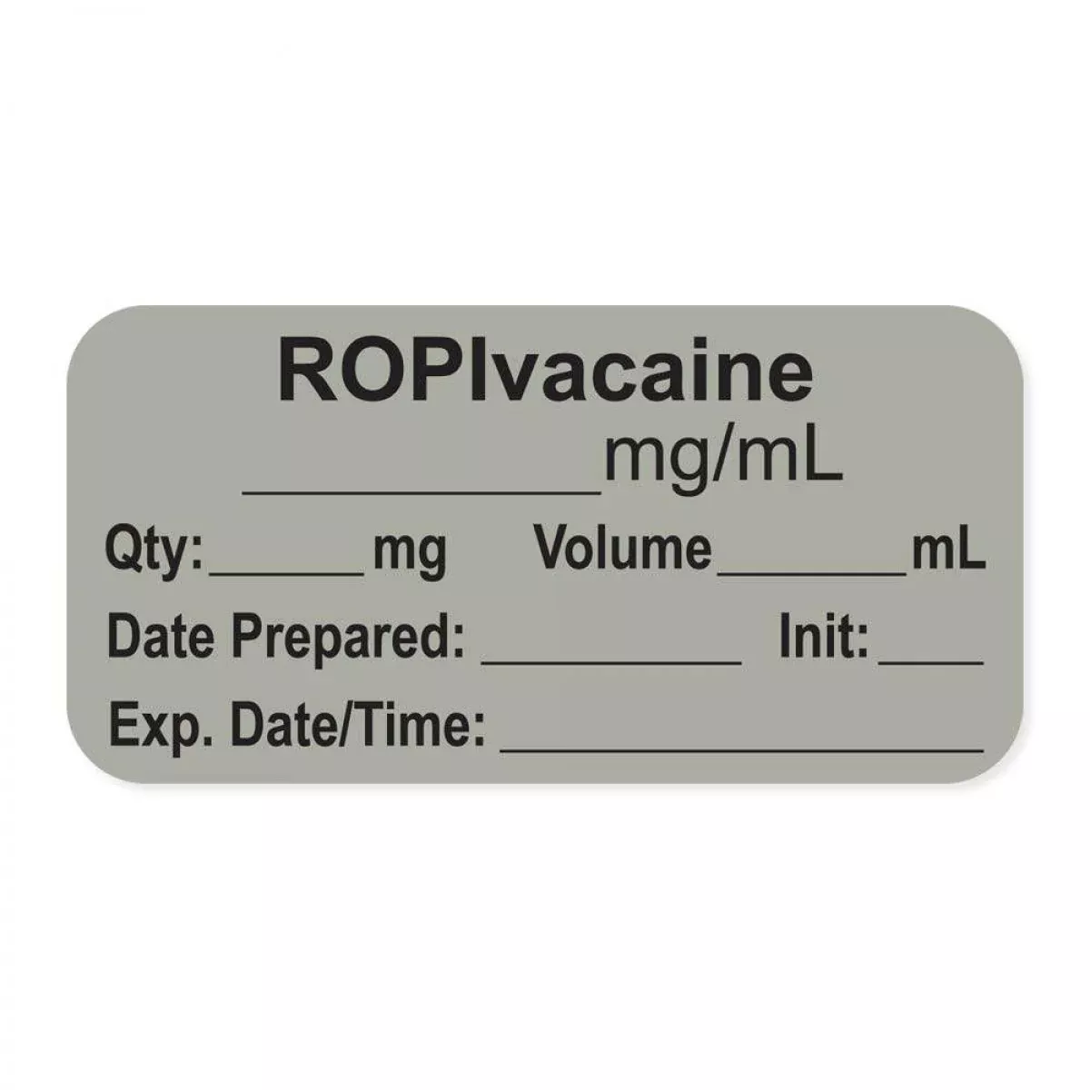Anesthesia Label, With Expiration Date, Time & Initial (Paper, Permanent) "Ropivacaine Mg/Ml" 1-1/2" X 3/4", Gray - 500 Per Roll