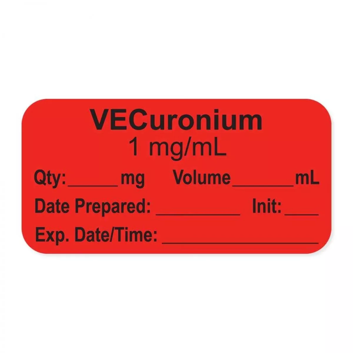 Anesthesia Label, With Expiration Date, Time & Initial (Paper, Permanent) "Vecuronium 1 Mg/Ml" 1-1/2" X 3/4", Fluorescent Red - 500 Per Roll