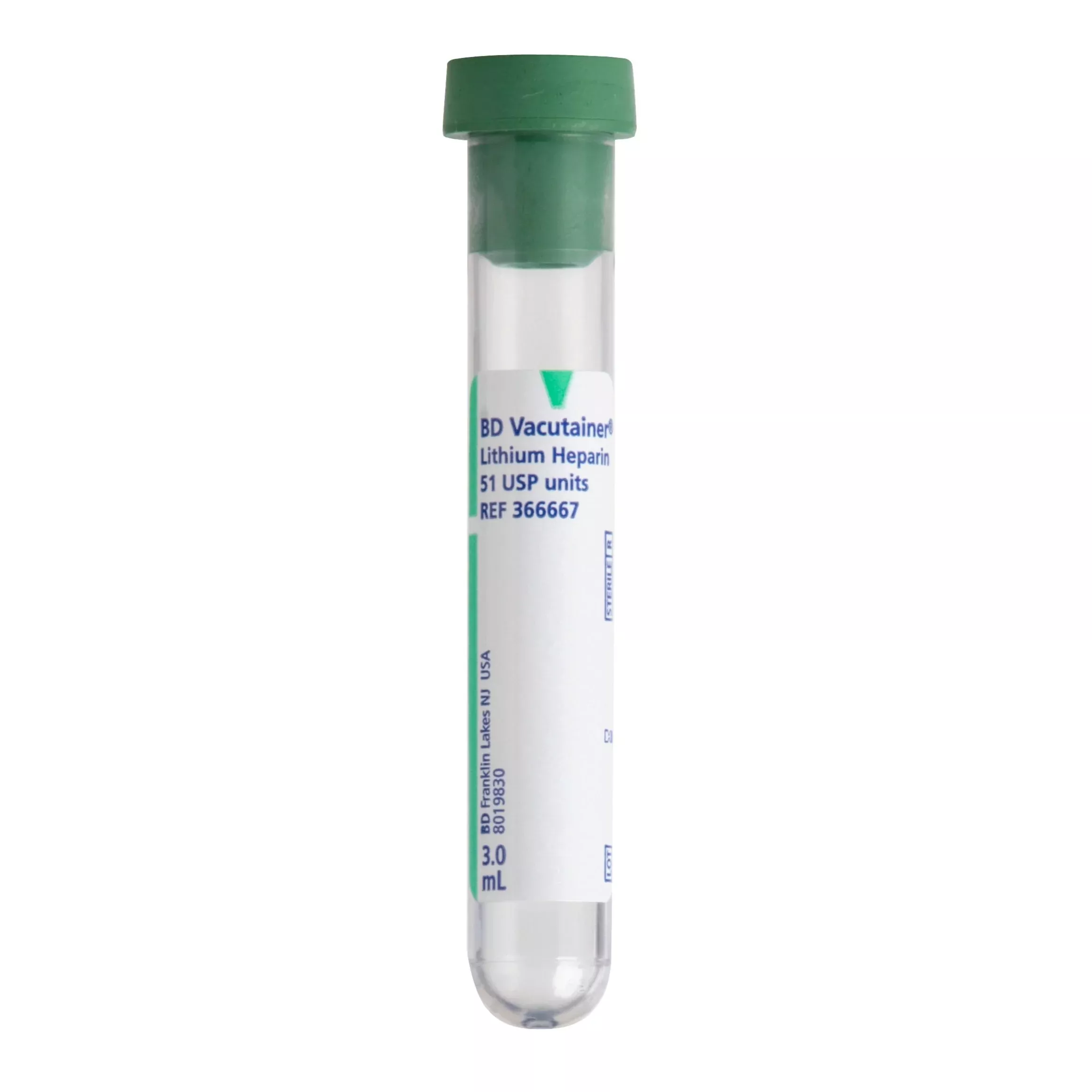 BD Vacutainer Heparin Tube, 75mm, 13mm OD, 3mL Draw Volume