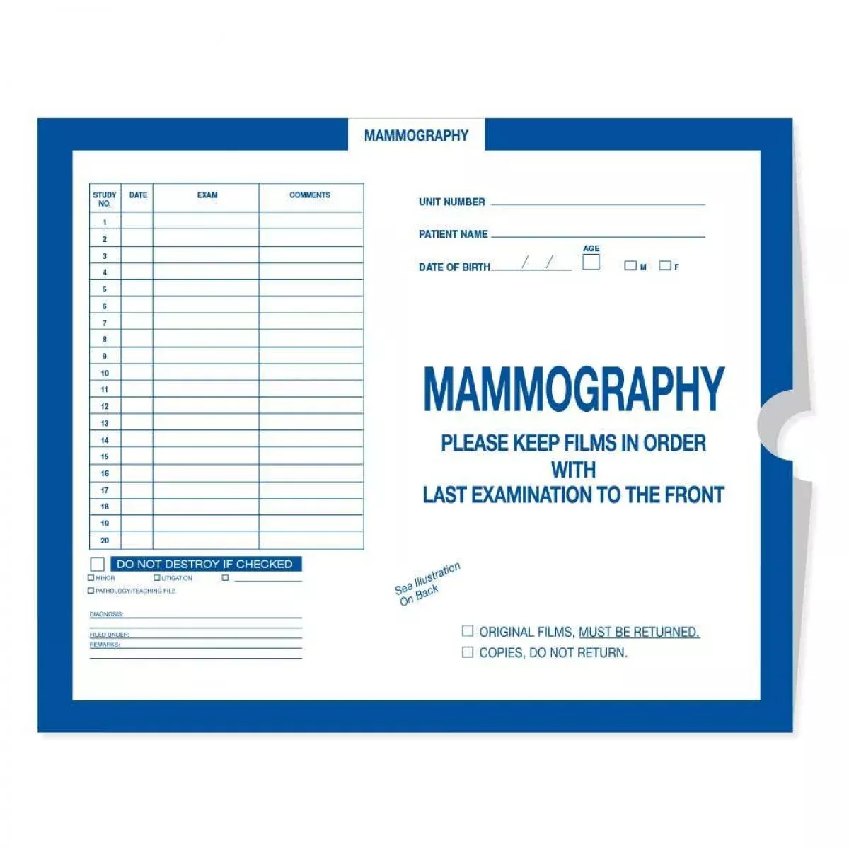Category Insert Jacket Open End Mammography Dark Blue 28# Kraft 10-1/2"X12-1/2" - 250 Per Case