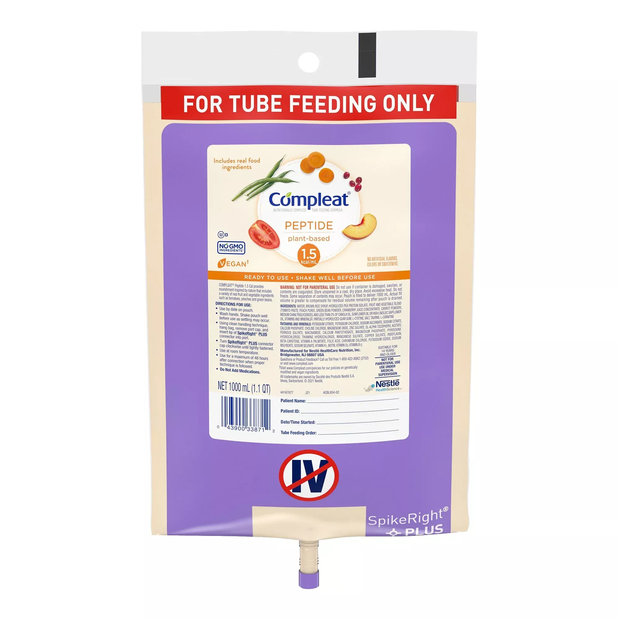 Compleat Tube Feeding Formula Peptide 1.5 SpikeRight PLUS 1000 mL UltraPa