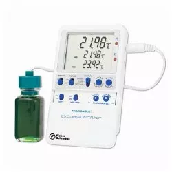 Datalogging Refrigerator / Freezer Thermometer with Alarm Fisherbrand™ Traceable Excursion-Trac™ Fahrenheit / Celsius -58° to +158°F (-50° to +70°C) Bottle Probe Multiple Mounting Options AC Adaptor / Battery Backup