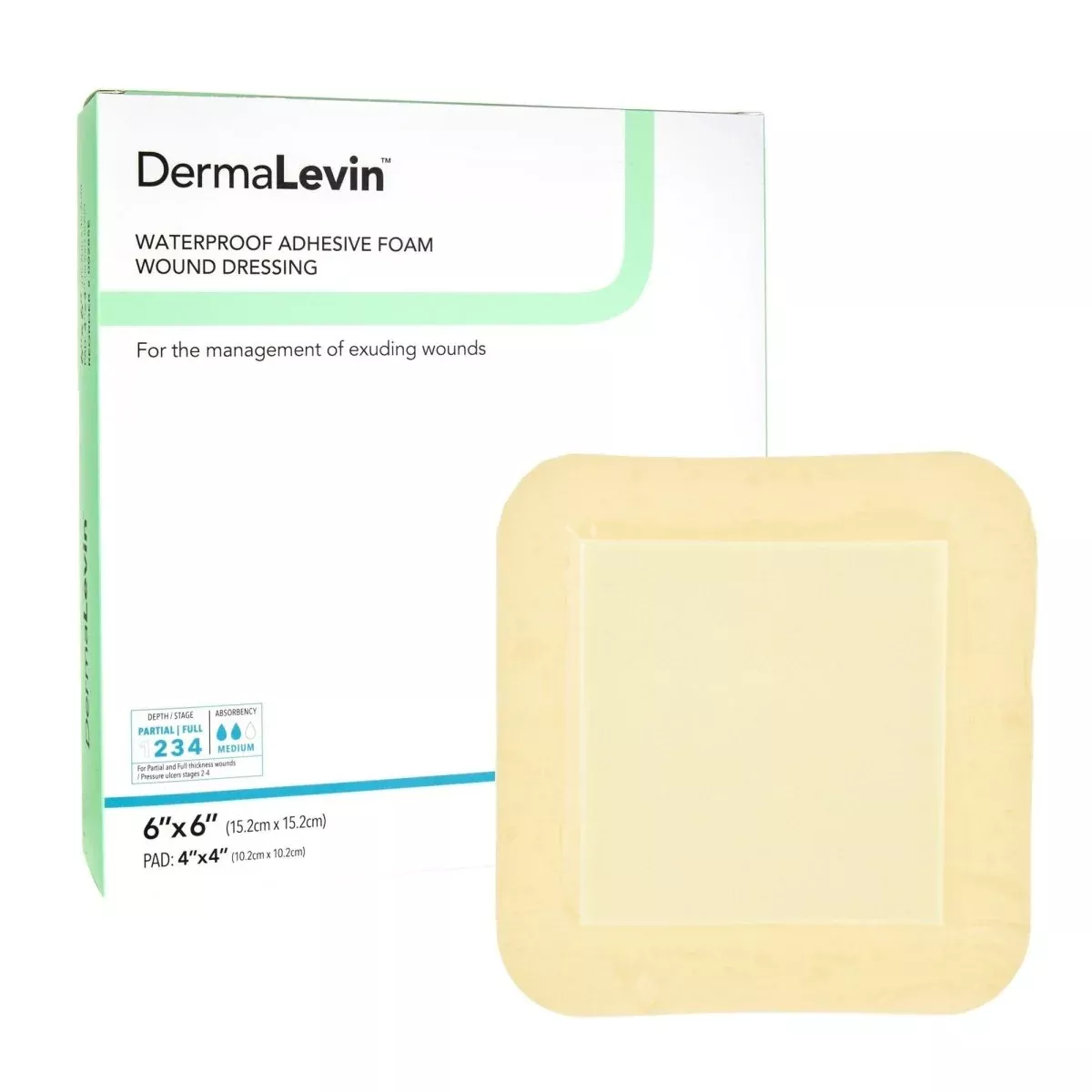 DermaLevin Adhesive with Border Foam Dressing, 6 x 6 Inch