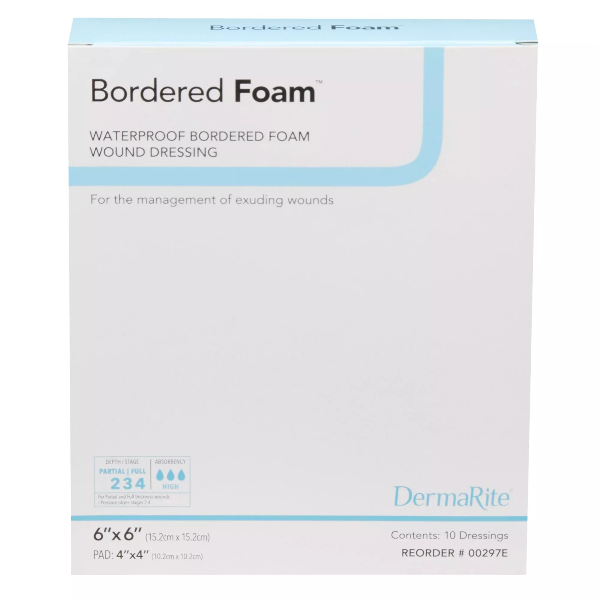 DermaRite Industries Foam Dressing BorderedFoam 6 X 6 Inch With Border Waterproof Backing Nonacrylic Adhesive Square Sterile #00297E