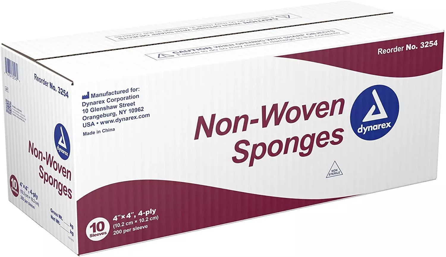 Dynarex Non-Sterile Non Woven Sponge, 4x4 Inch, 200 Count