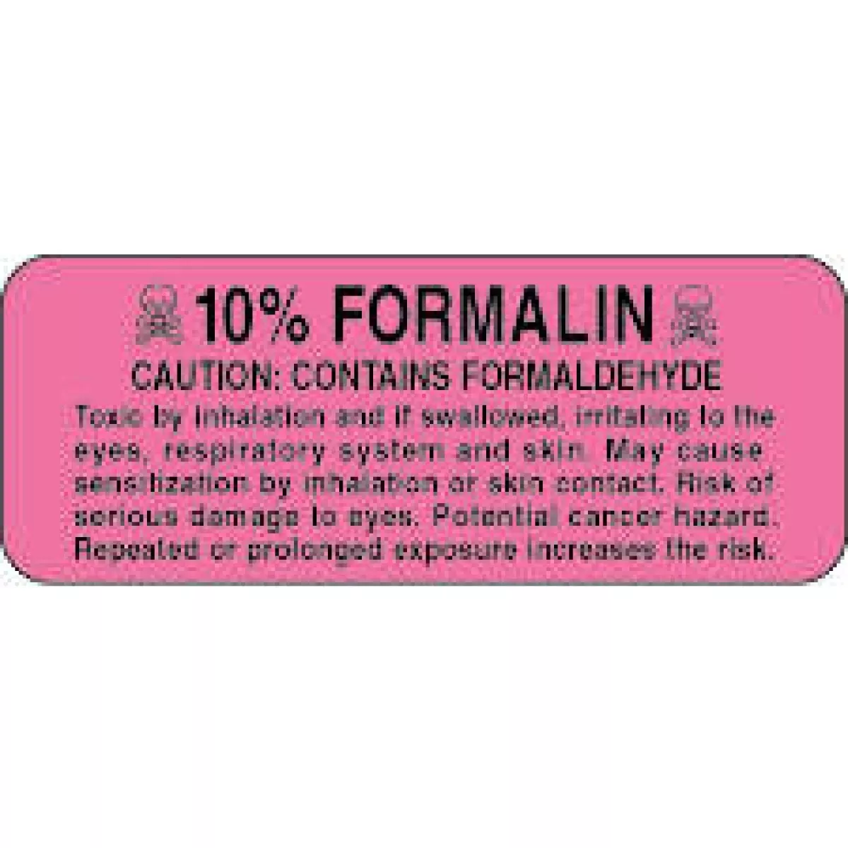 Hazard Label (Paper, Permanent) 0.1 Formalin 2 1/4" X 7/8" Fluorescent Pink - 1000 Labels Per Roll