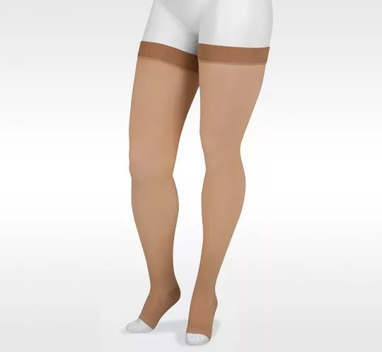 Juzo Basic 4412AG Open Toe 30-40 mmHg Thigh High Compression Stockings Silicone Border, Beige