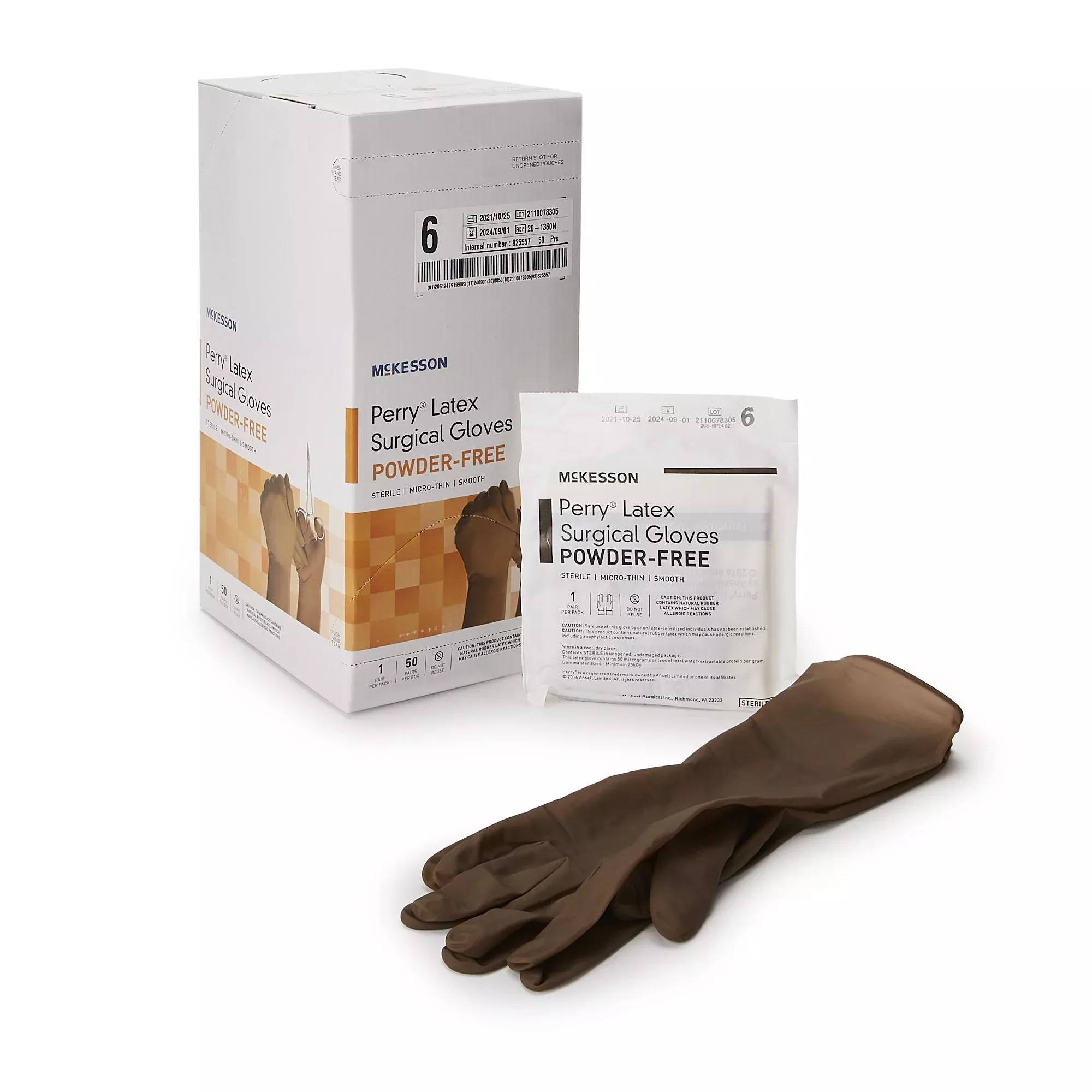 McKesson 20-1360N Perry Latex Surgical Glove, Size 6, Brown