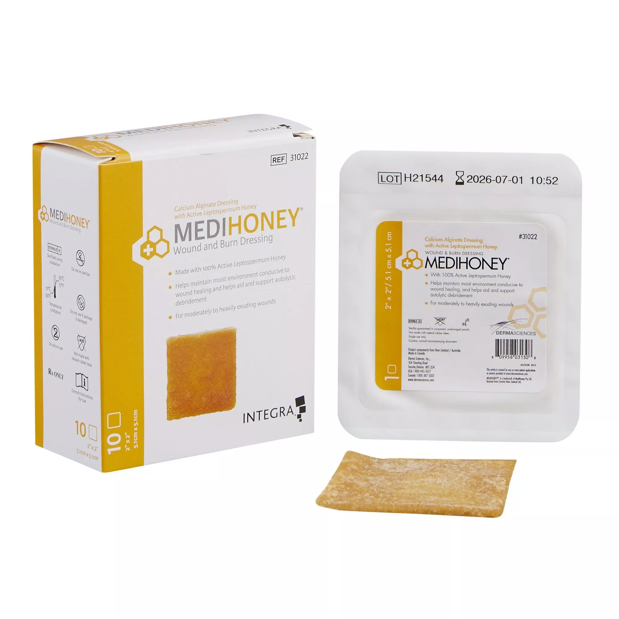 MEDIHONEY Calcium Alginate 2x2 Inch Dressing, Square - 31022