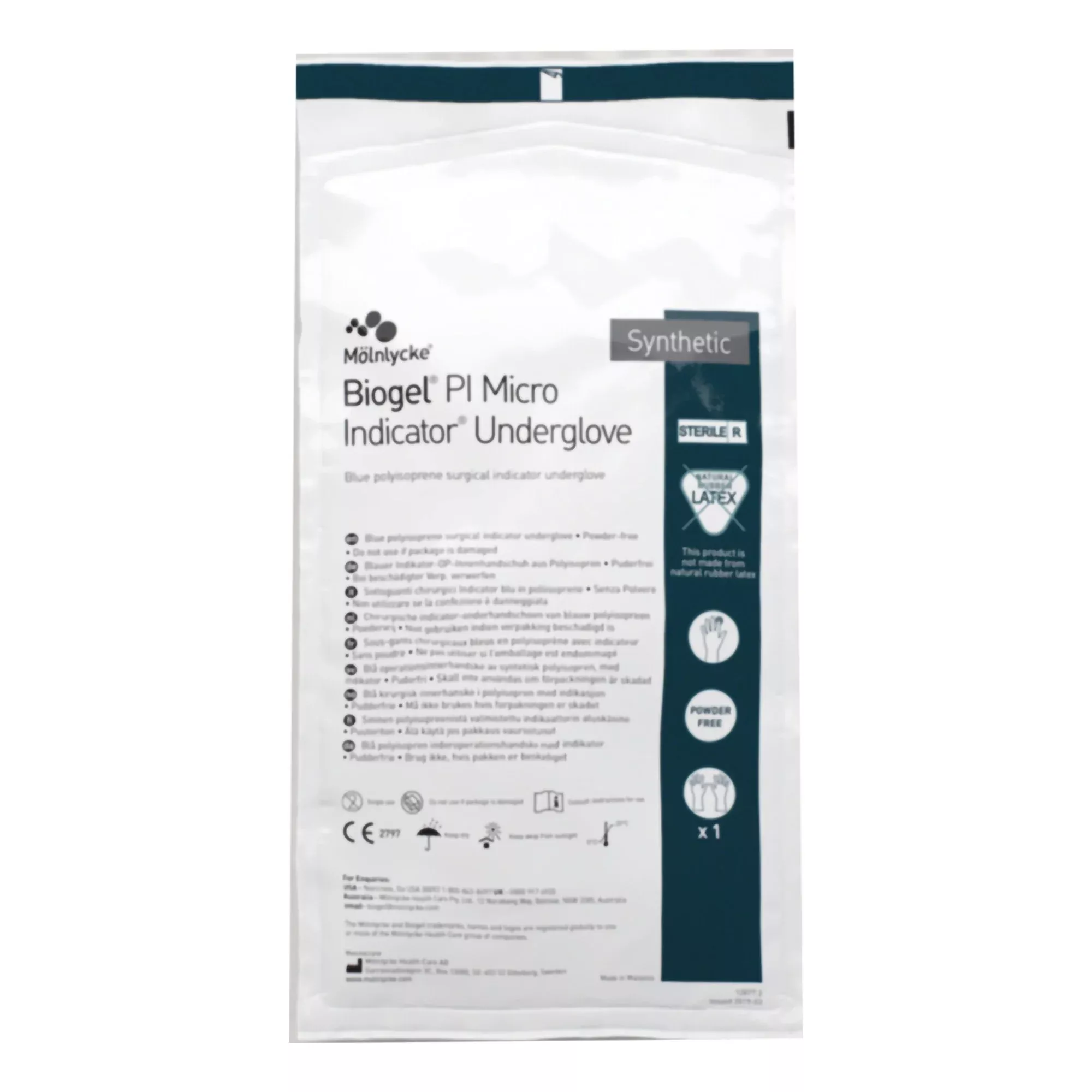 Molnlycke 1011913 Biogel PI Micro Indicator Polyisoprene Surgical Underglove, Size 7, Blue