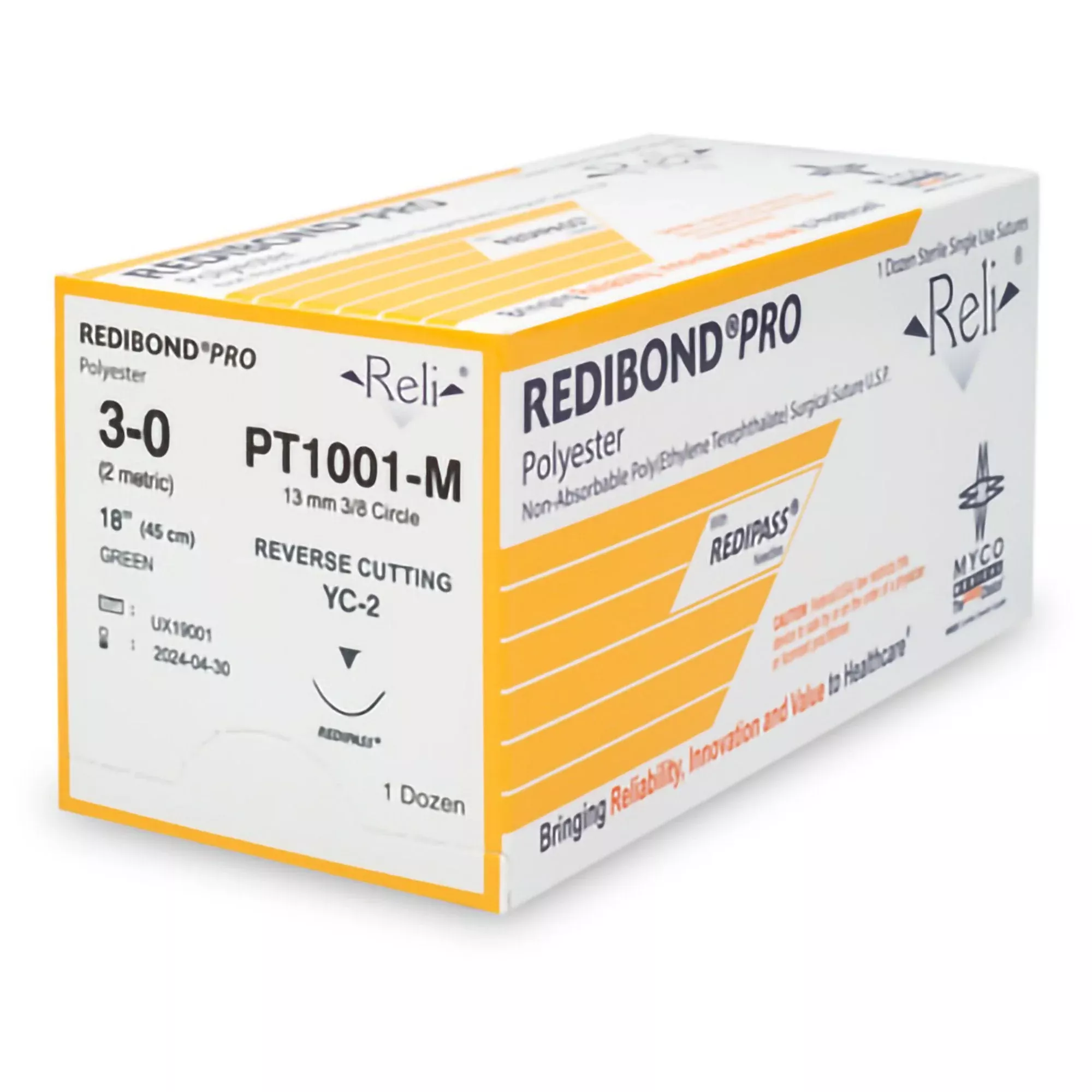Nonabsorbable Suture with Needle Reli Polyester MC 3/8 Circle Precision Reverse Cutting Needle Size 3 - 0 Braided