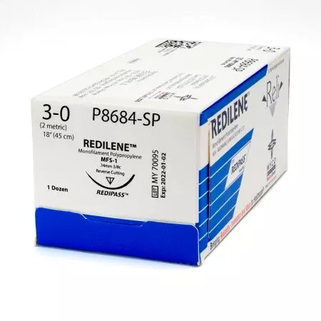 Nonabsorbable Suture with Needle Reli Redilene Polypropylene MFS-1 3/8 Circle Reverse Cutting Needle Size 3 - 0 Monofilament