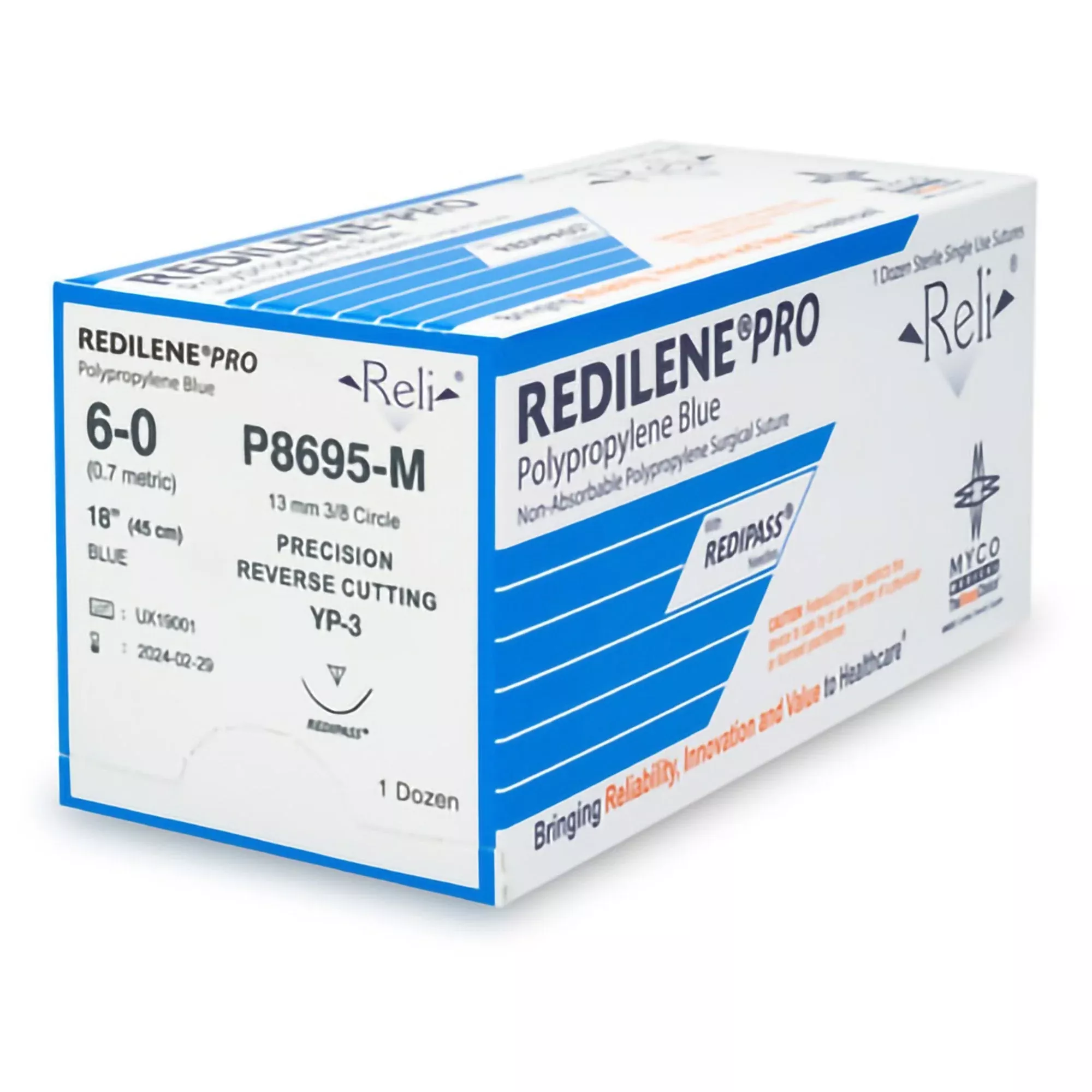 Nonabsorbable Suture with Needle Reli Redilene™ Polypropylene MP-3 3/8 Circle Precision Reverse Cutting Needle Size 6-0 Monofilament