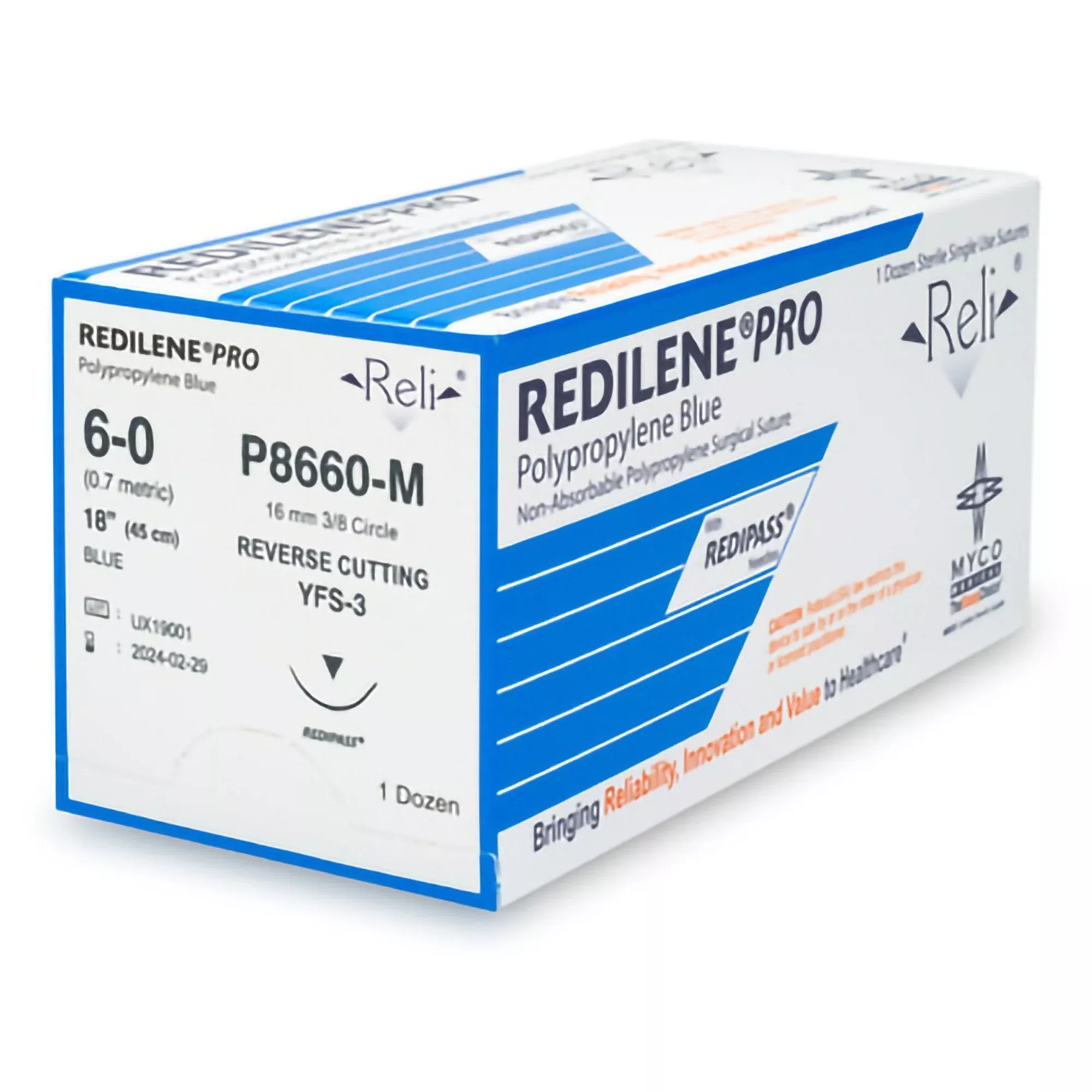 Nonabsorbable Suture with Needle Reli RedilenePolypropylene MFS-3 3/8 Circle Conventional Cutting Needle Size 6 - 0 Monofilament