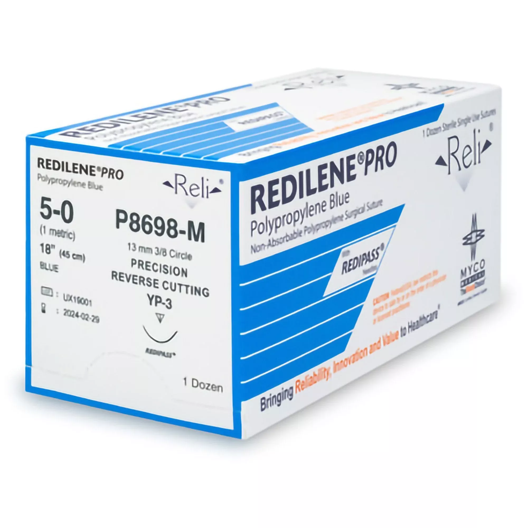 Nonabsorbable Suture with Needle Reli RedilenePolypropylene MP-3 3/8 Circle Conventional Cutting Needle Size 5 - 0 Monofilament