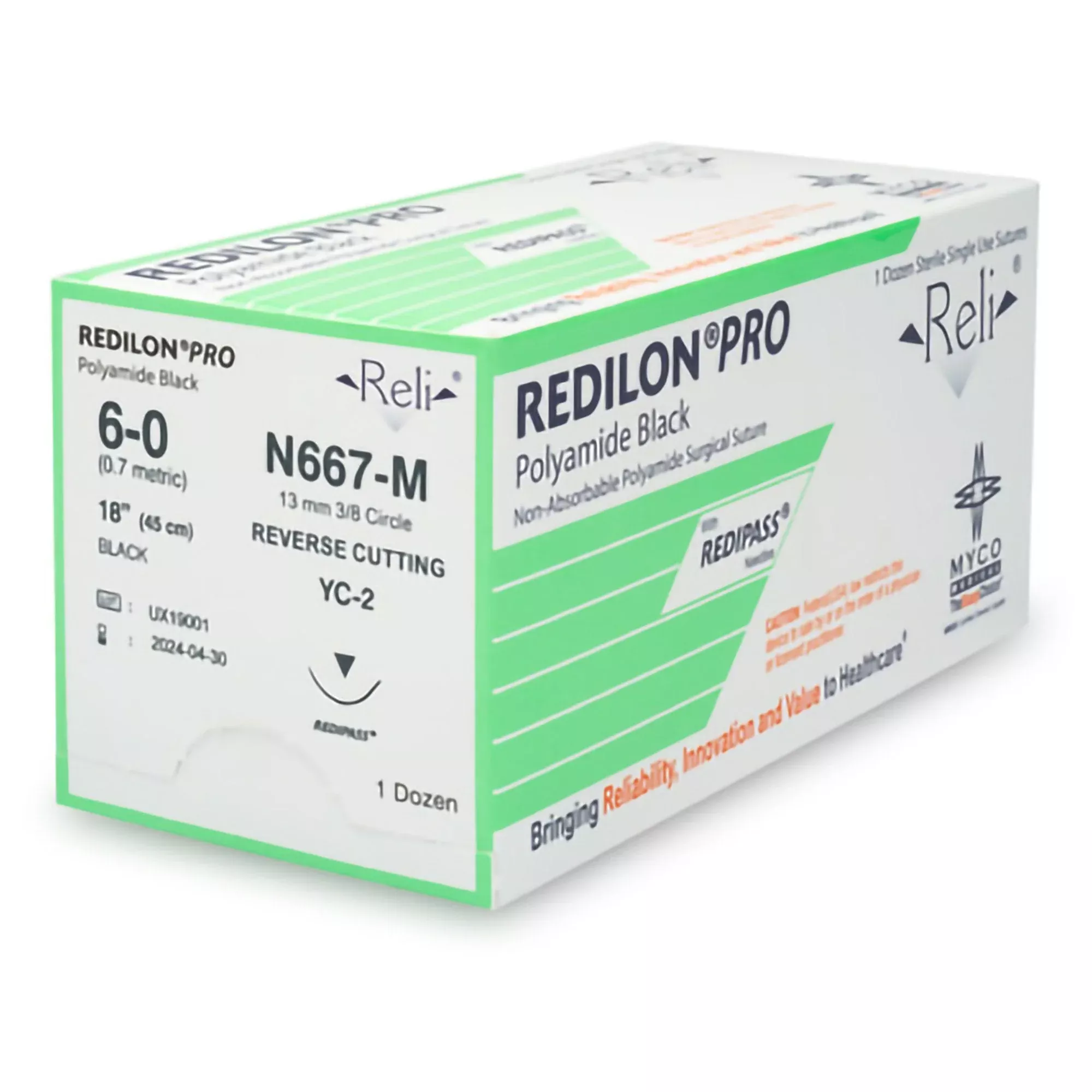 Nonabsorbable Suture with Needle Reli Redilon Nylon MC 3/8 Circle Reverse Cutting Needle Size 5 - 0 Monofilament
