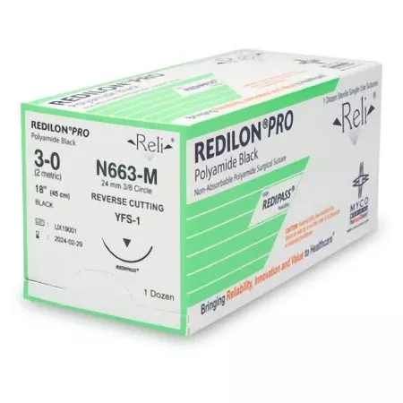 Nonabsorbable Suture with Needle Reli Redilon Nylon MFS-1 3/8 Circle Reverse Cutting Needle Size 3 - 0 Monofilament
