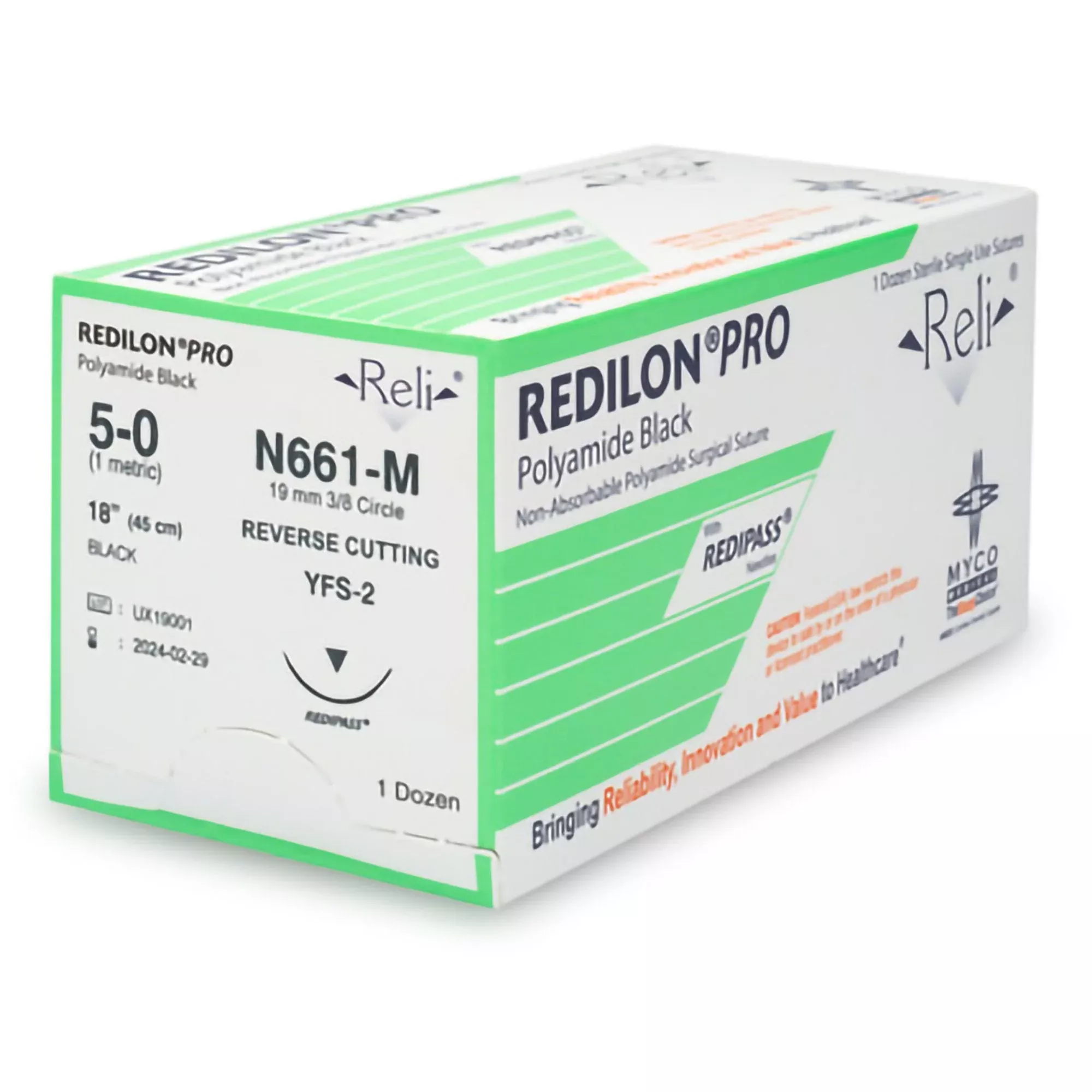 Nonabsorbable Suture with Needle Reli Redilon Nylon MFS-2 3/8 Circle Reverse Cutting Needle Size 4 - 0 Monofilament