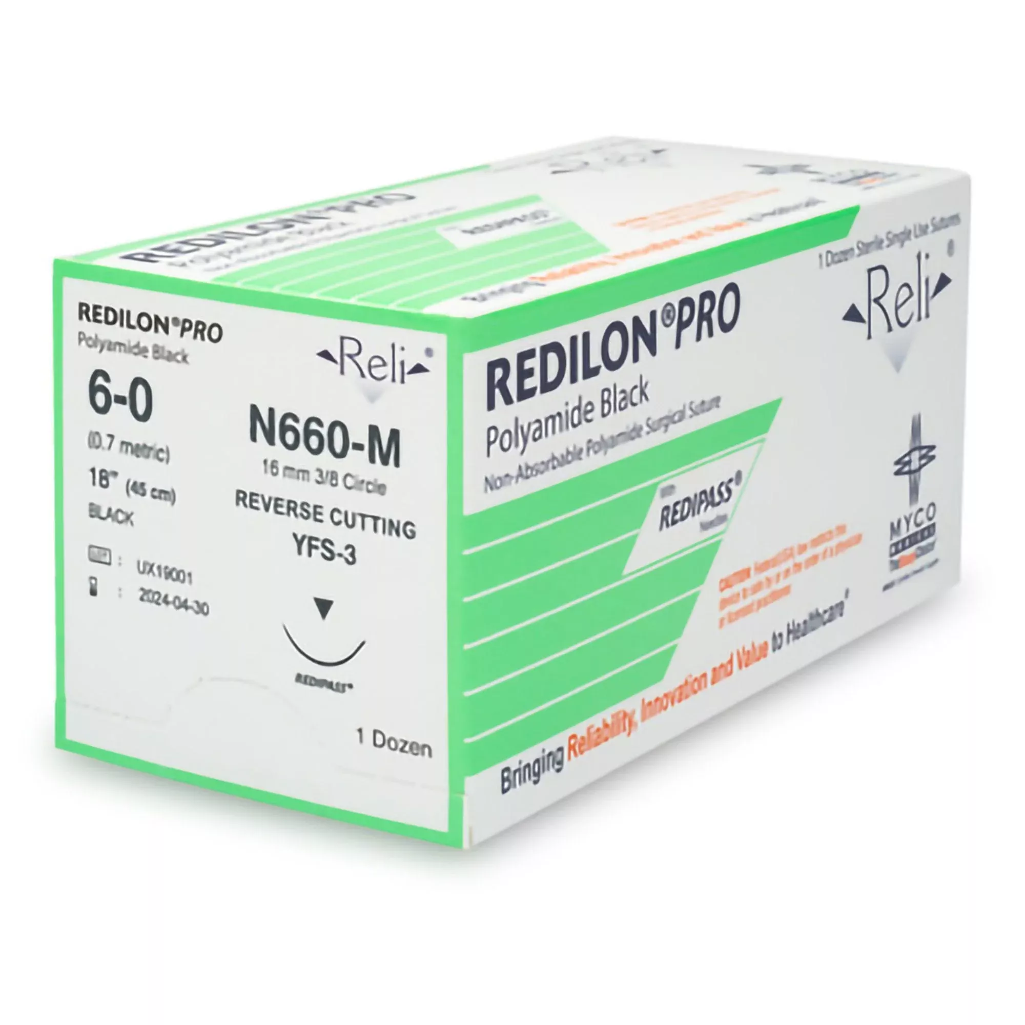 Nonabsorbable Suture with Needle Reli Redilon Nylon MFS-3 3/8 Circle Reverse Cutting Needle Size 6 - 0 Monofilament