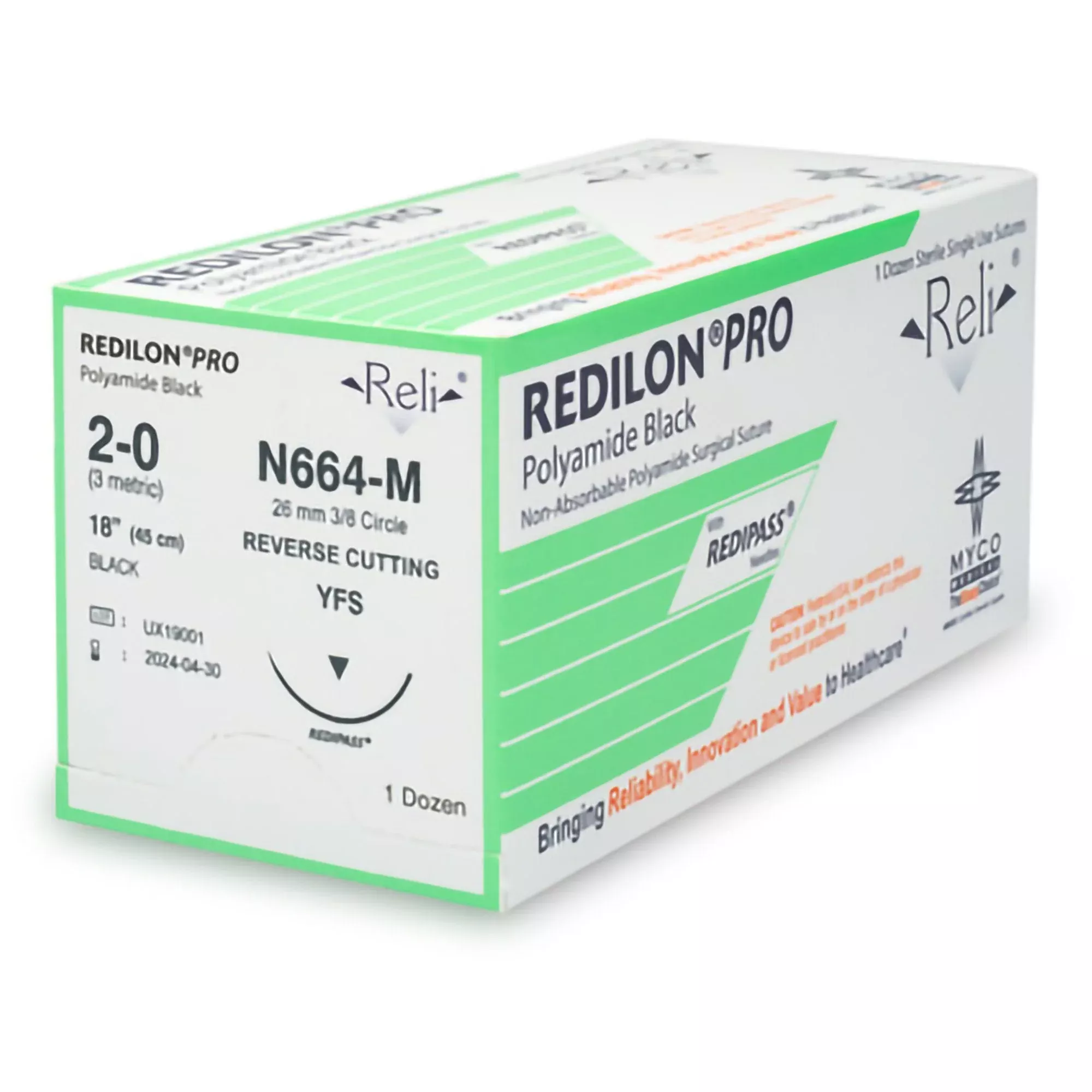Nonabsorbable Suture with Needle Reli Redilon Nylon MFS 3/8 Circle Reverse Cutting Needle Size 2 - 0 Monofilament