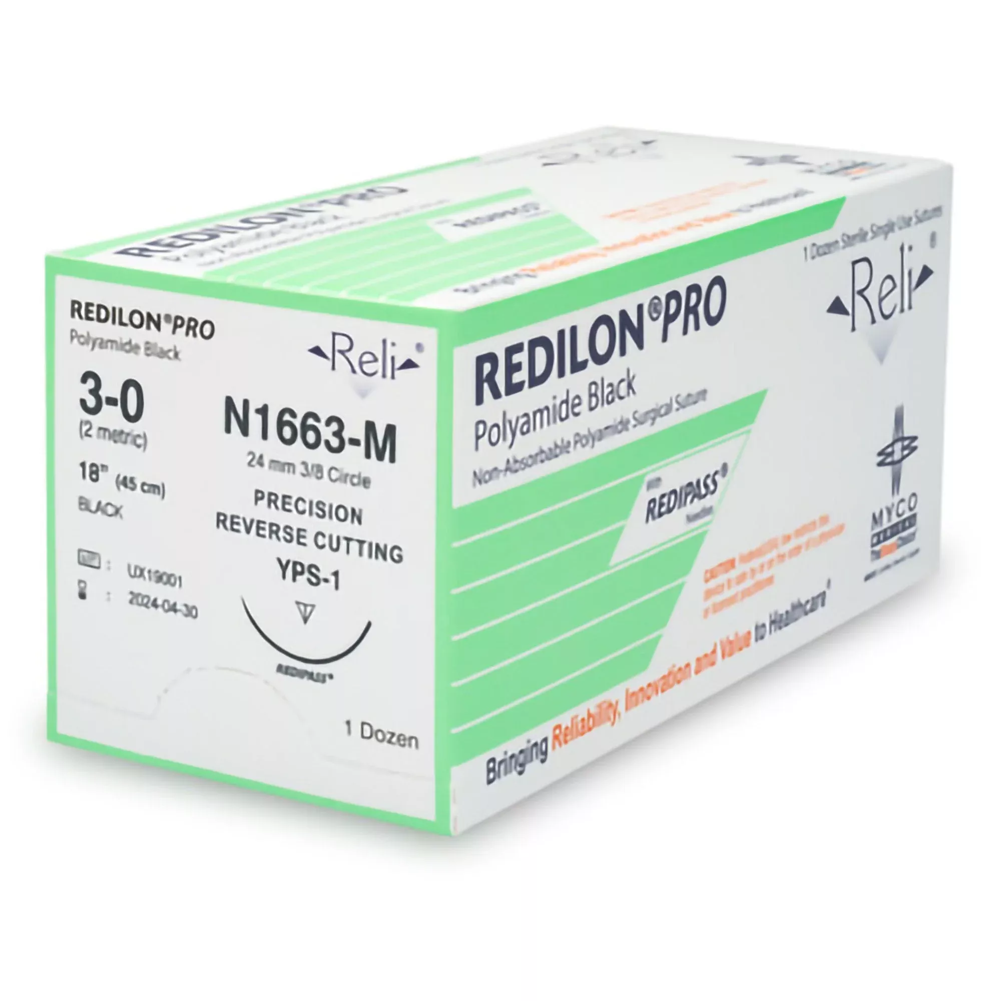 Nonabsorbable Suture with Needle Reli Redilon Nylon MPS-1 3/8 Circle Precision Reverse Cutting Needle Size 3 - 0 Monofilament