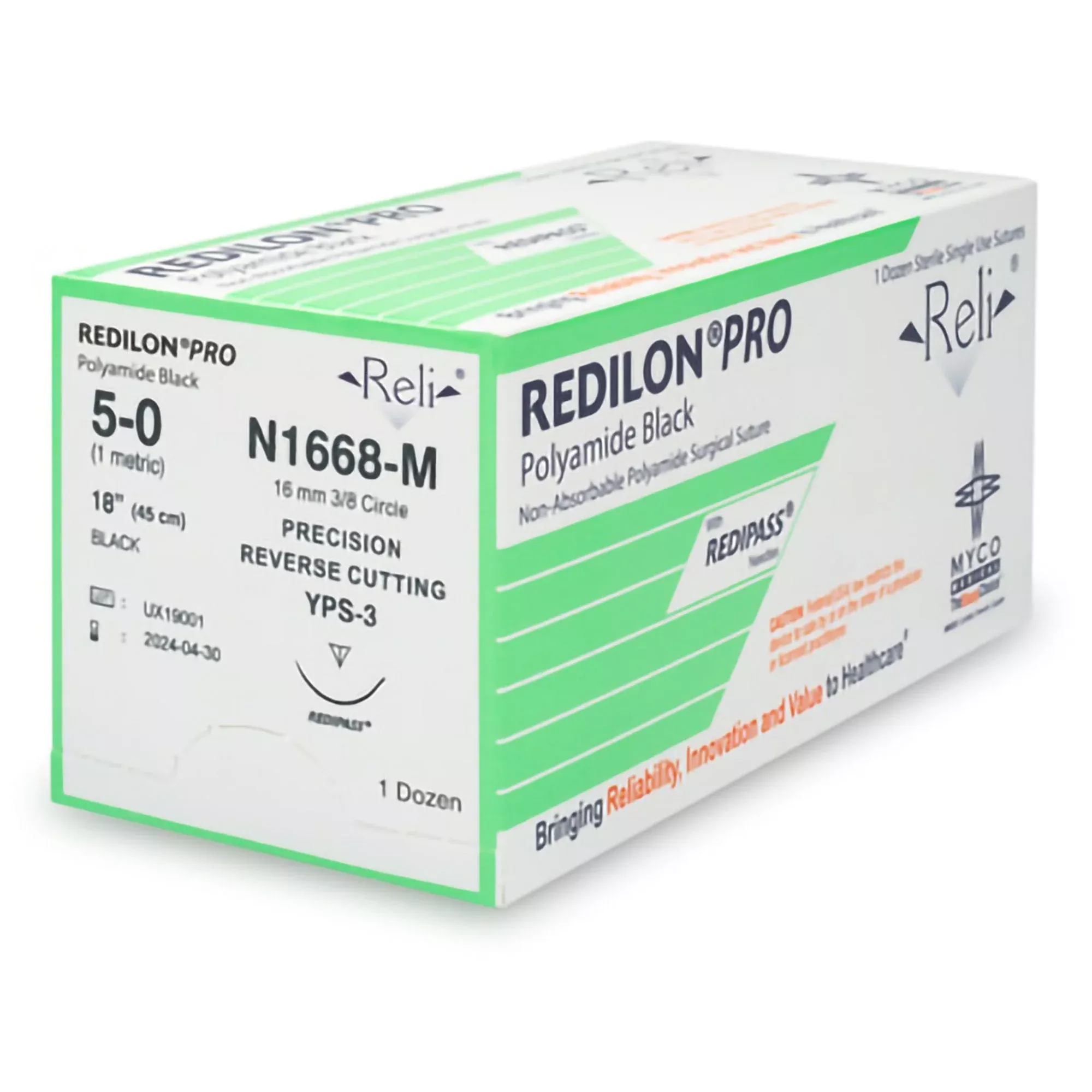 Nonabsorbable Suture with Needle Reli Redilon Nylon MPS-3 3/8 Circle Conventional Cutting Needle Size 6 - 0 Monofilament