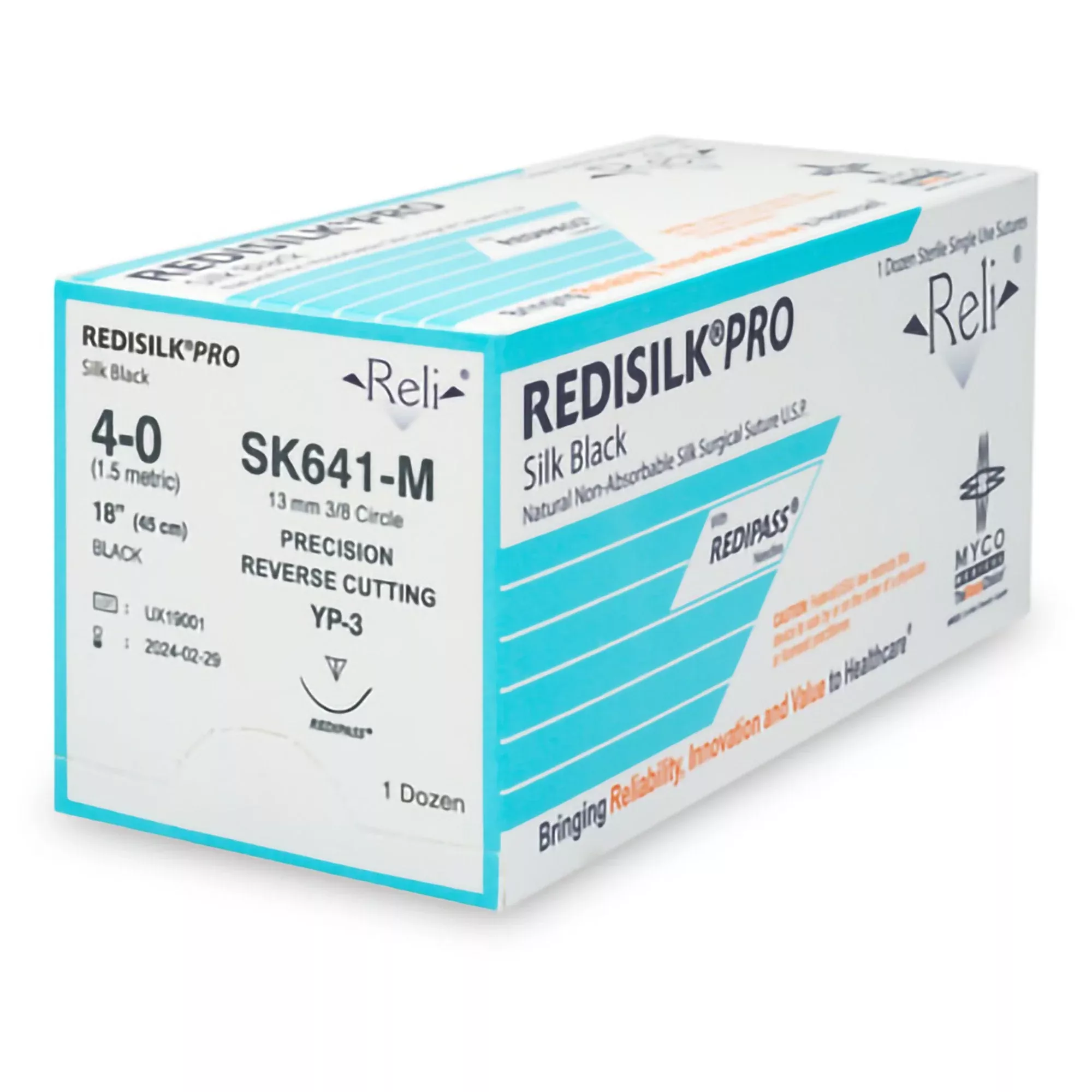 Nonabsorbable Suture with Needle Reli Redisilk™ Silk MC 3/8 Circle Precision Reverse Cutting Needle Size 4 - 0 Braided