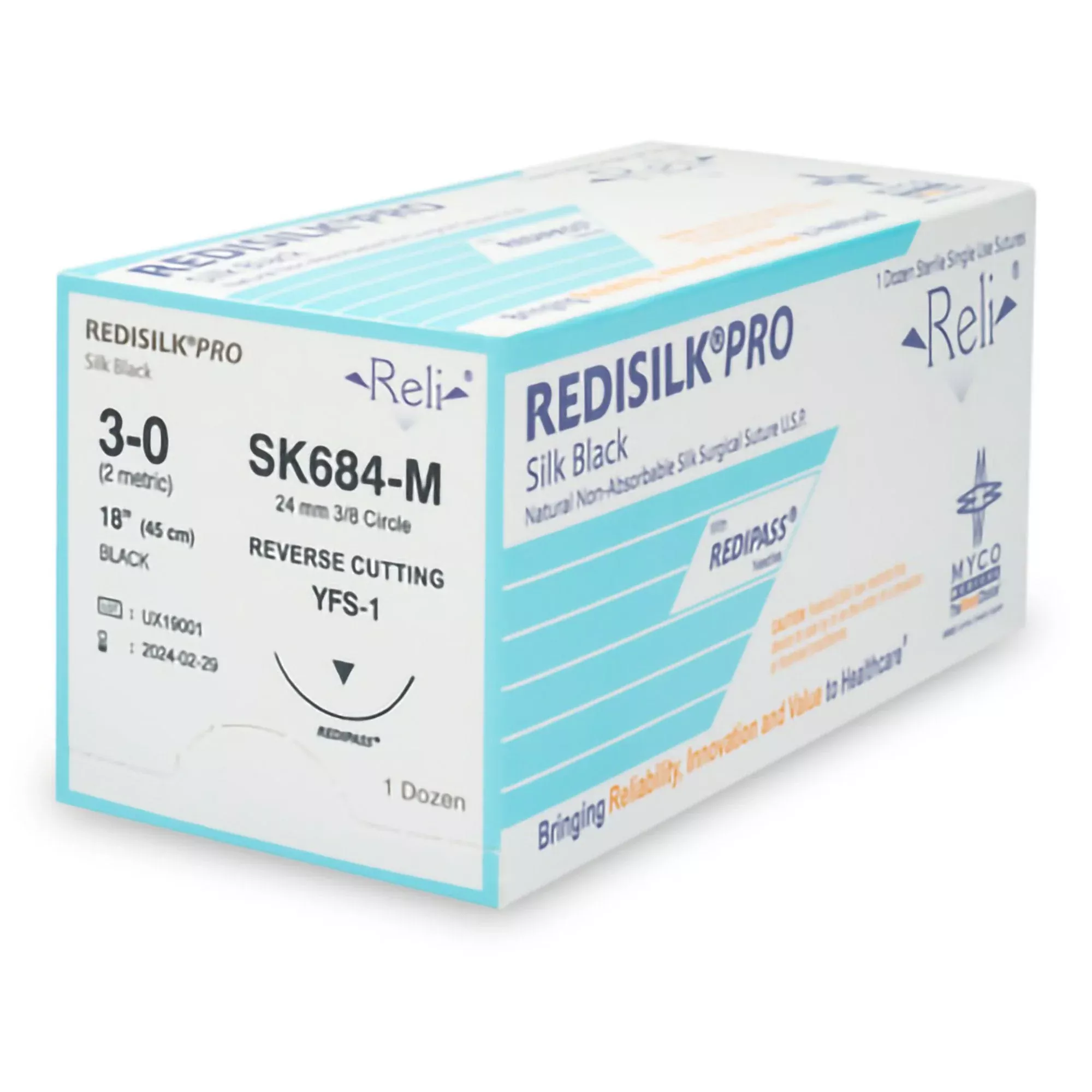 Nonabsorbable Suture with Needle Reli Redisilk Silk MFS-1 3/8 Circle Reverse Cutting Needle Size 3 - 0 Braided