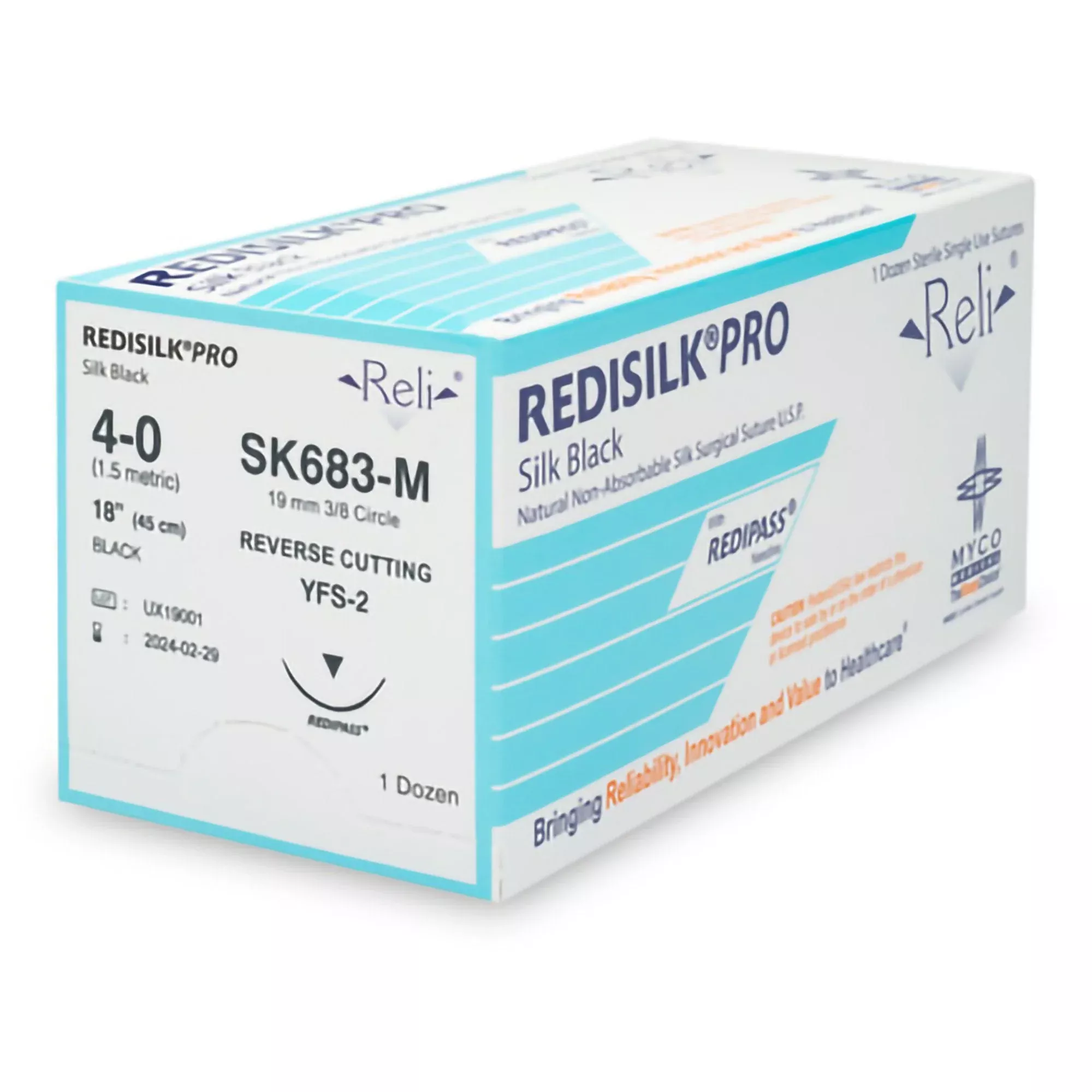 Nonabsorbable Suture with Needle Reli Redisilk Silk MFS-2 3/8 Circle Reverse Cutting Needle Size 5 - 0 Braided