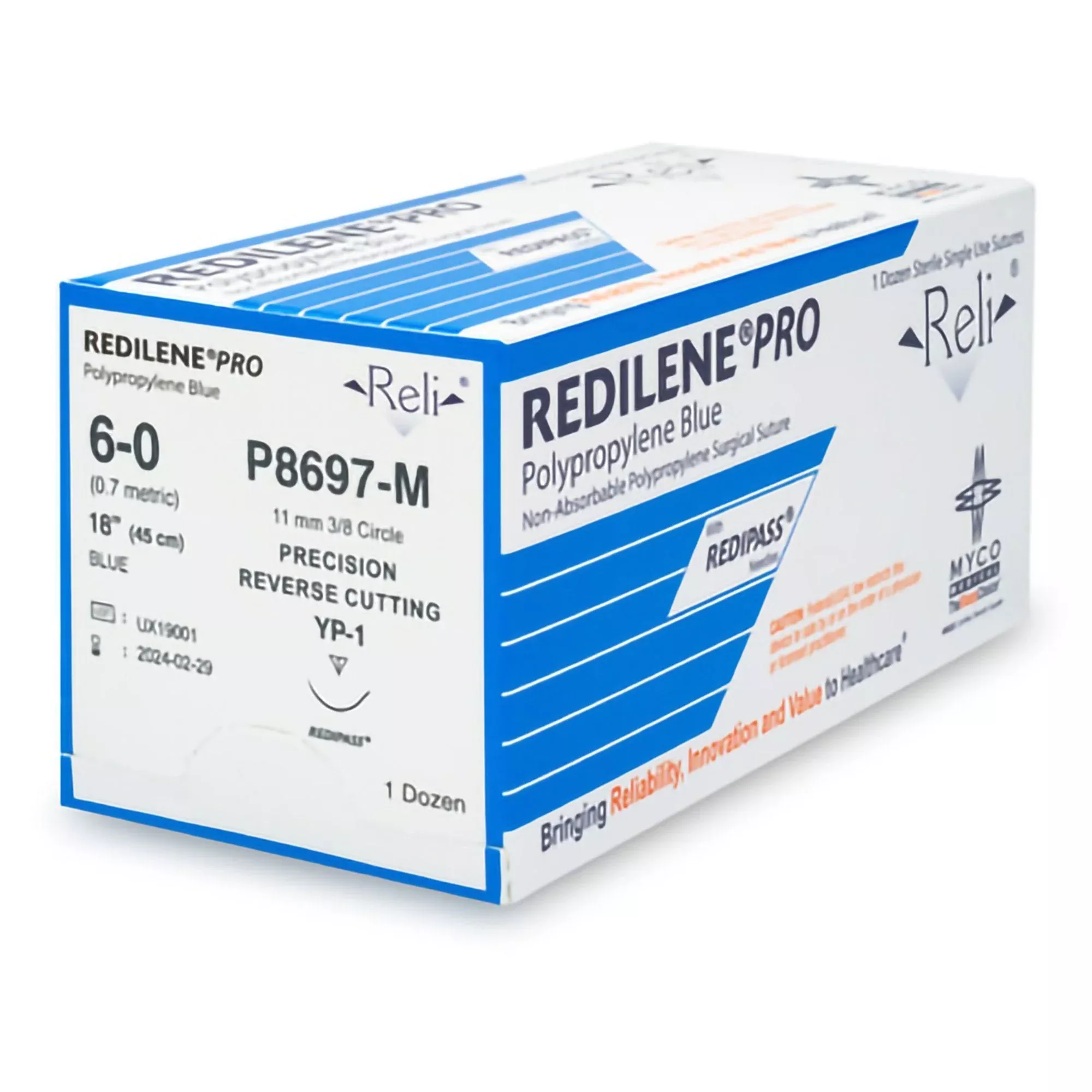 Nonabsorbable Suture with Needle ReliRedilene Polypropylene MP-1 3/8 Circle Reverse Cutting Needle Size 6 - 0 Monofilament