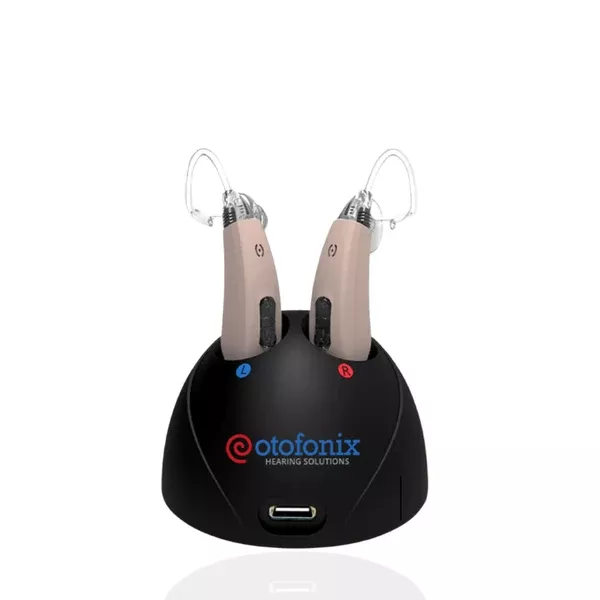 Otofonix Helix Rechargeable OTC Hearing Aids with Advanced Noise Cancellation, Behind-the-Ear Nearly-Invisible Fit, for Seniors & Adults with Moderate to Severe Hearing Loss, 1 Pair, Beige