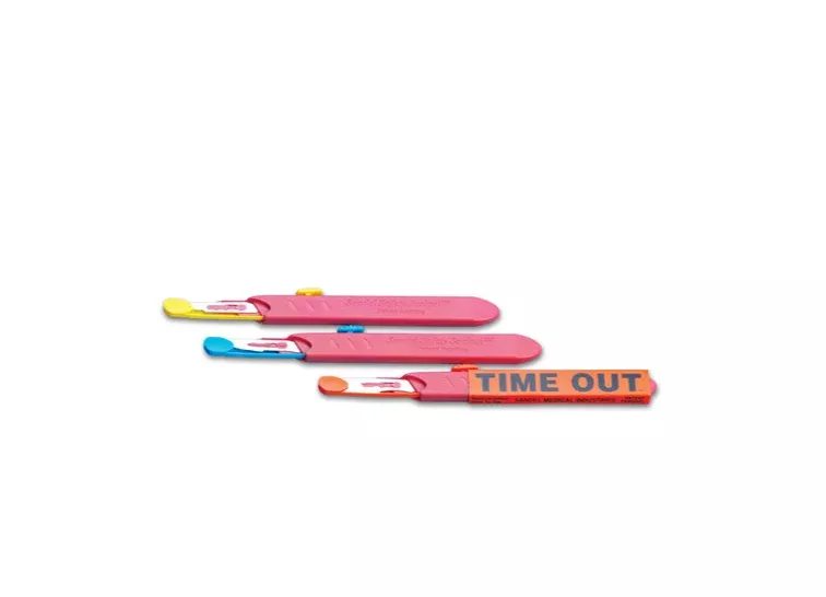 Sandel Safety Scalpels, #3 Handle with #11 Blade, Blue Shield, TIME OUT Sleeve