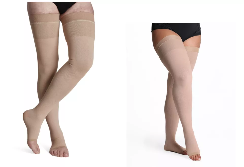 Sigvaris 503W Natural Rubber Thigh High Open Toe 30-40 mmHg Compression Stockings, Waist Attachment, Beige